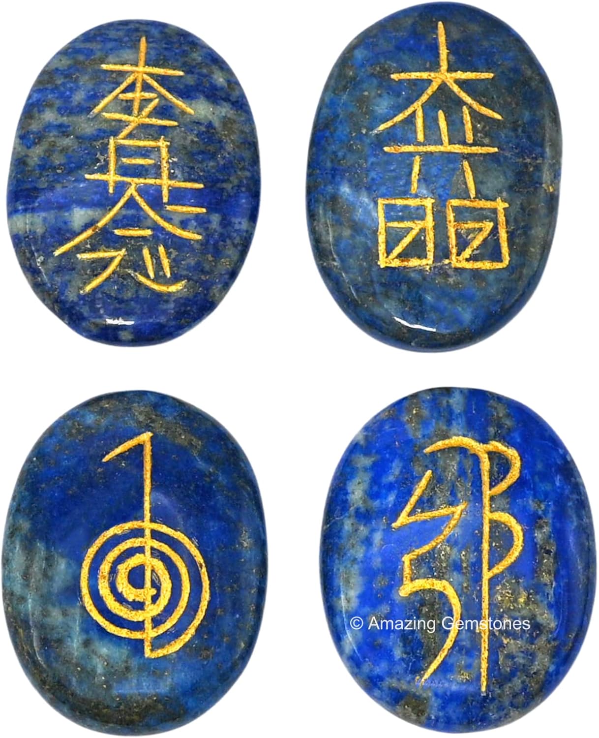 Piedras de reiki de cristal de lapislázuli con símbolos grabados para curación Usui Reiki, juego de 4 piezas (juego de regalo de reiki hecho a mano