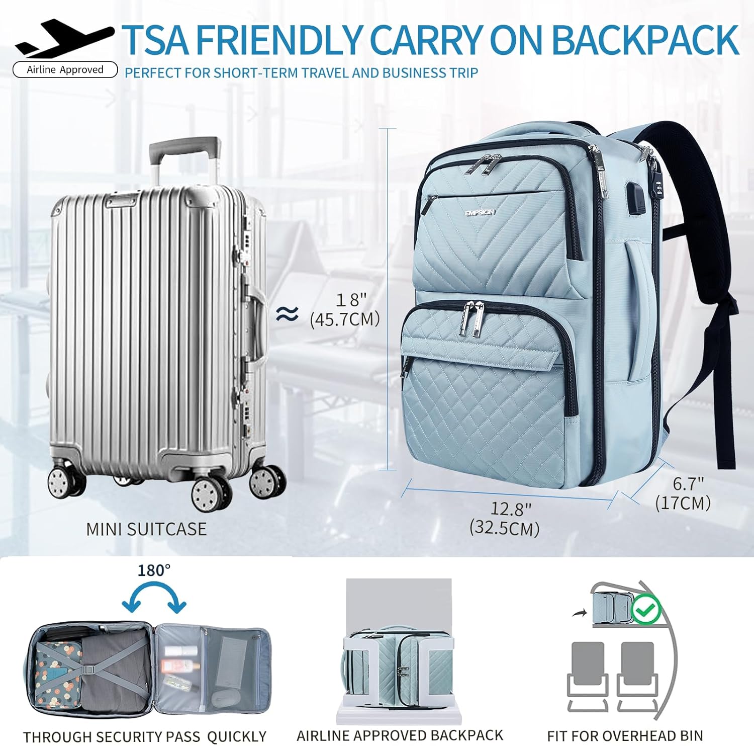 EMPSIGN Mochila para portátil 8032, Acolchado azul claro
