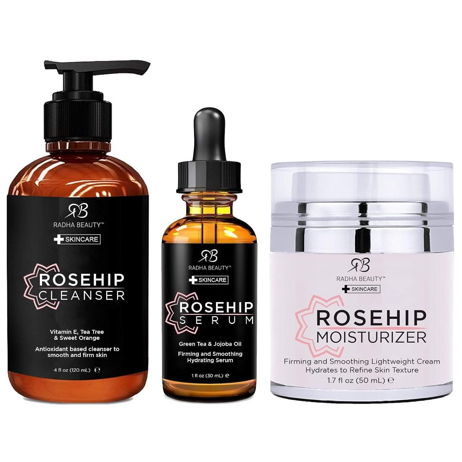 Radha Beauty Kit completo de cuidado facial de Rosehip  Set antienvejecimiento 3 en 1 con limpiador, suero e hidratante para arrugas y manchas