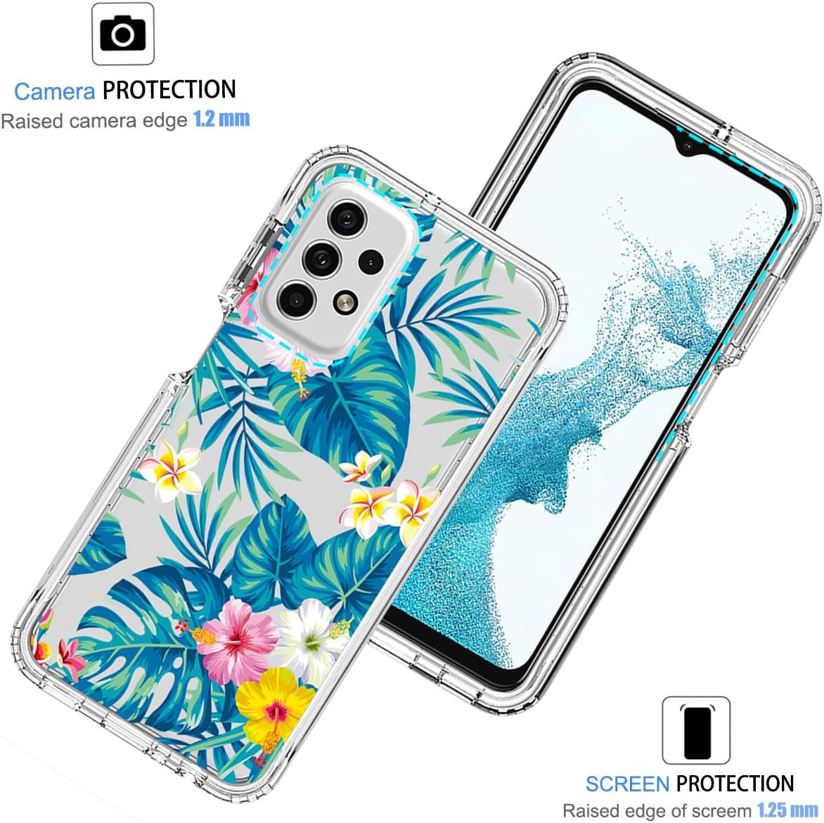 Funda para Galaxy A23, Samsung A23 SM-A235M con protector de pantalla de vidrio templado, funda protectora de TPU transparente floral a prueba de