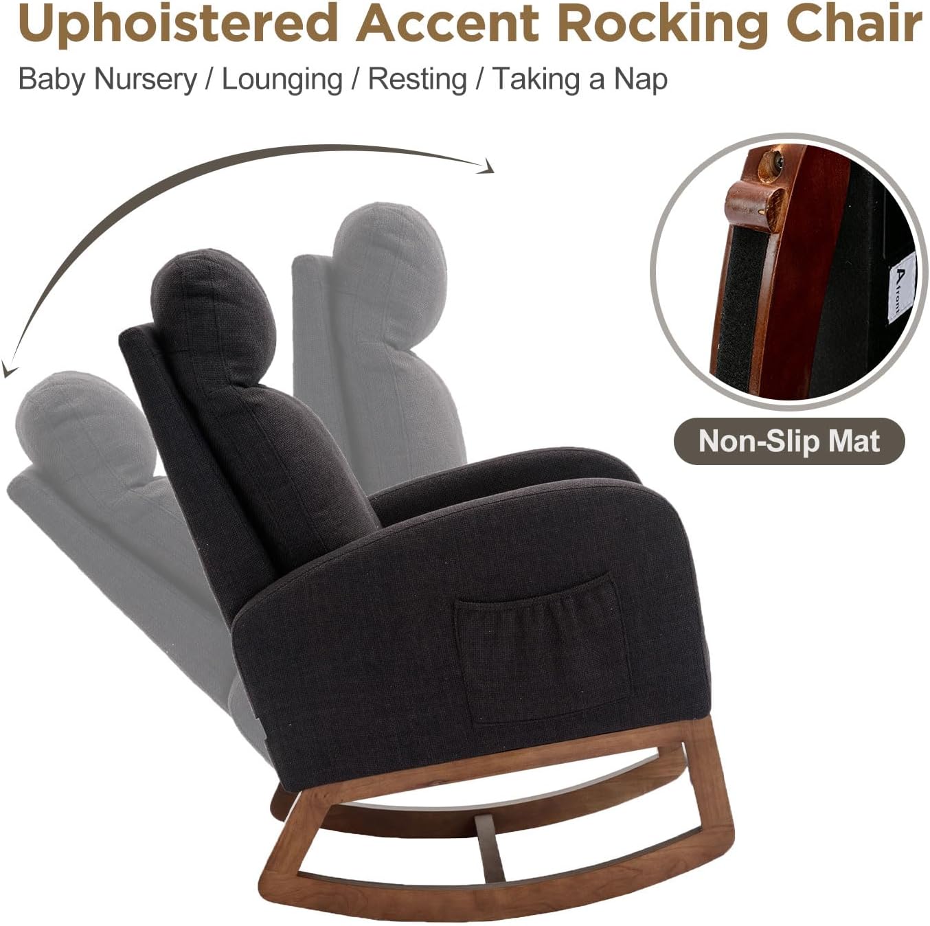 Mecedora moderna, silla mecedora tapizada para bebé, cómoda silla con bolsillo lateral, sillón para sala de estar, respaldo alto con diseño en forma