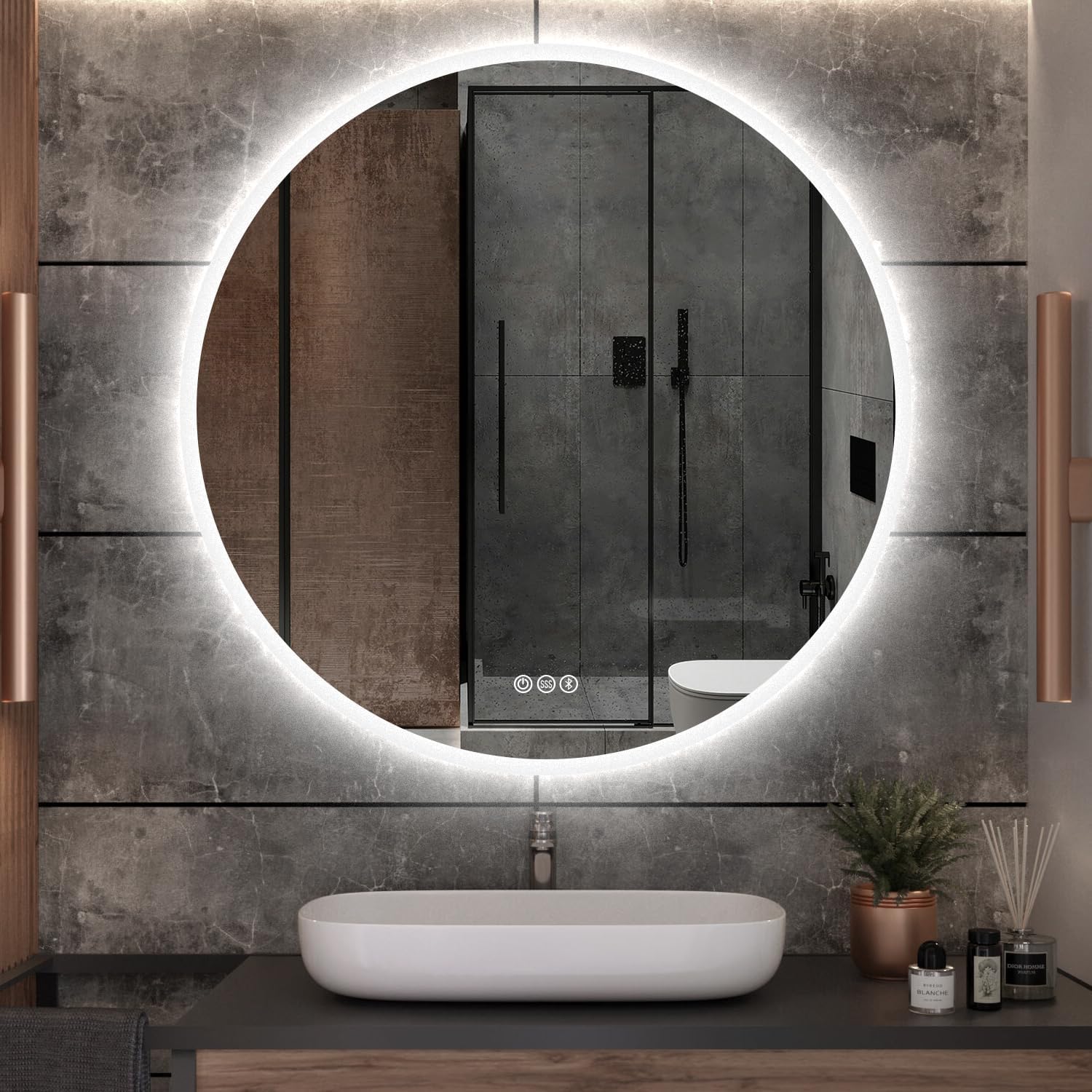 SBAGNO – Espejo de baño redondo de 32 luces con marco acrílico, espejo de baño LED de tocador montado en la pared, atenuación, cambio de color,