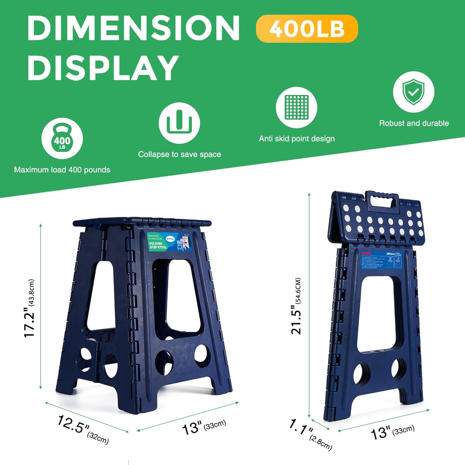 Taburete plegable de 17.5 pulgadas, capacidad de 400 libras, taburete plegable de plástico resistente para adultos y niños, taburete con asa, asa