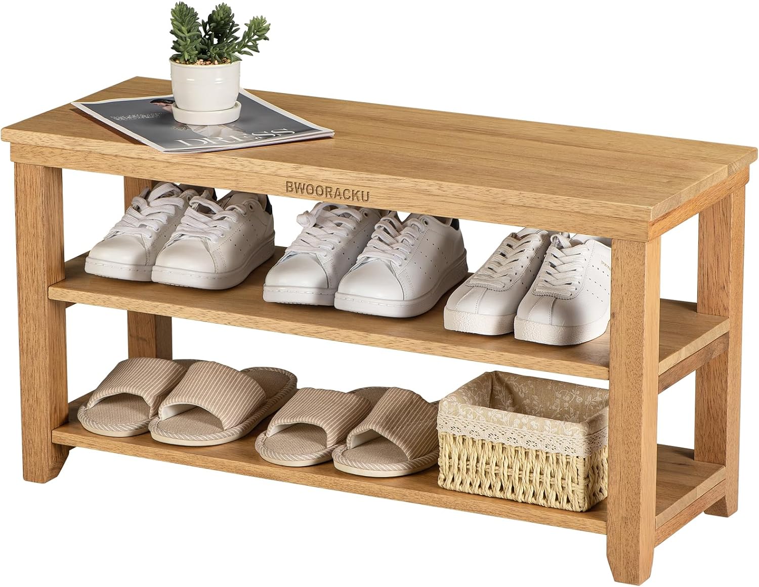 Zapatero de madera maciza, almacenamiento de zapatos de entrada de 3 niveles, soporta hasta 550 libras, estante organizador de zapatos para pasillo,