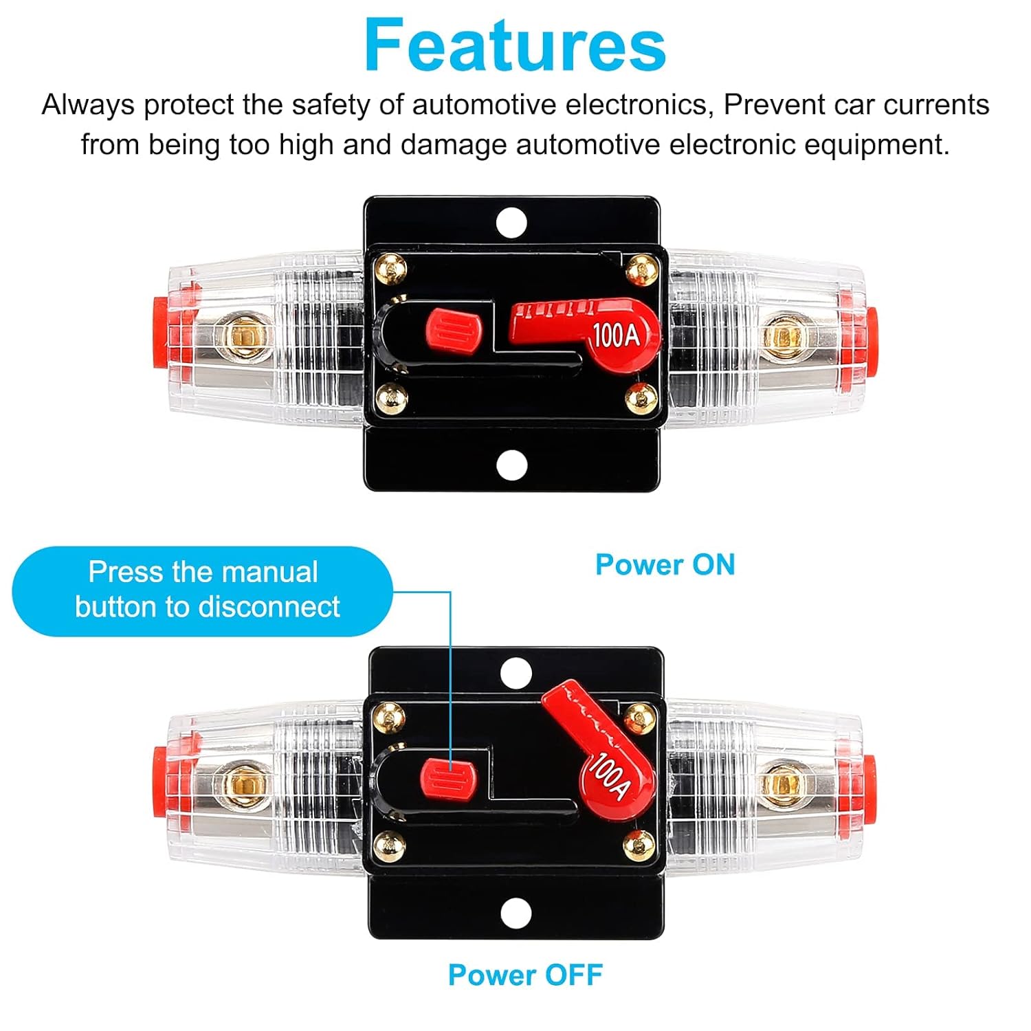 Disyuntor de audio de 100 amperios, portafusibles de 12 V-24 V CC, interruptor de interruptor de 20 a 300 A, disyuntor en línea con botón de