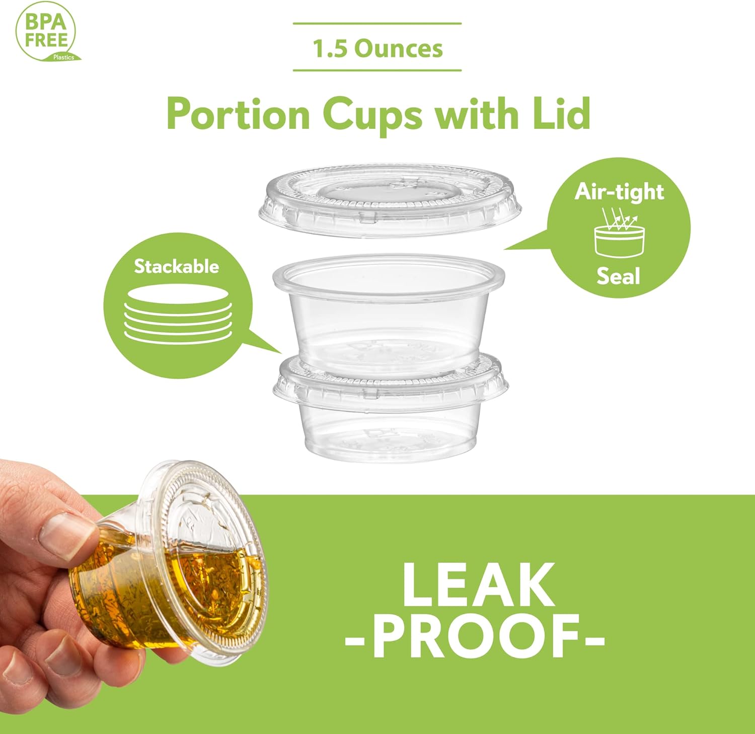 1.5 oz  100 juegos Vasos de plástico transparente con tapas, pequeños recipientes pequeños para control de porciones, chupitos de gelatina,