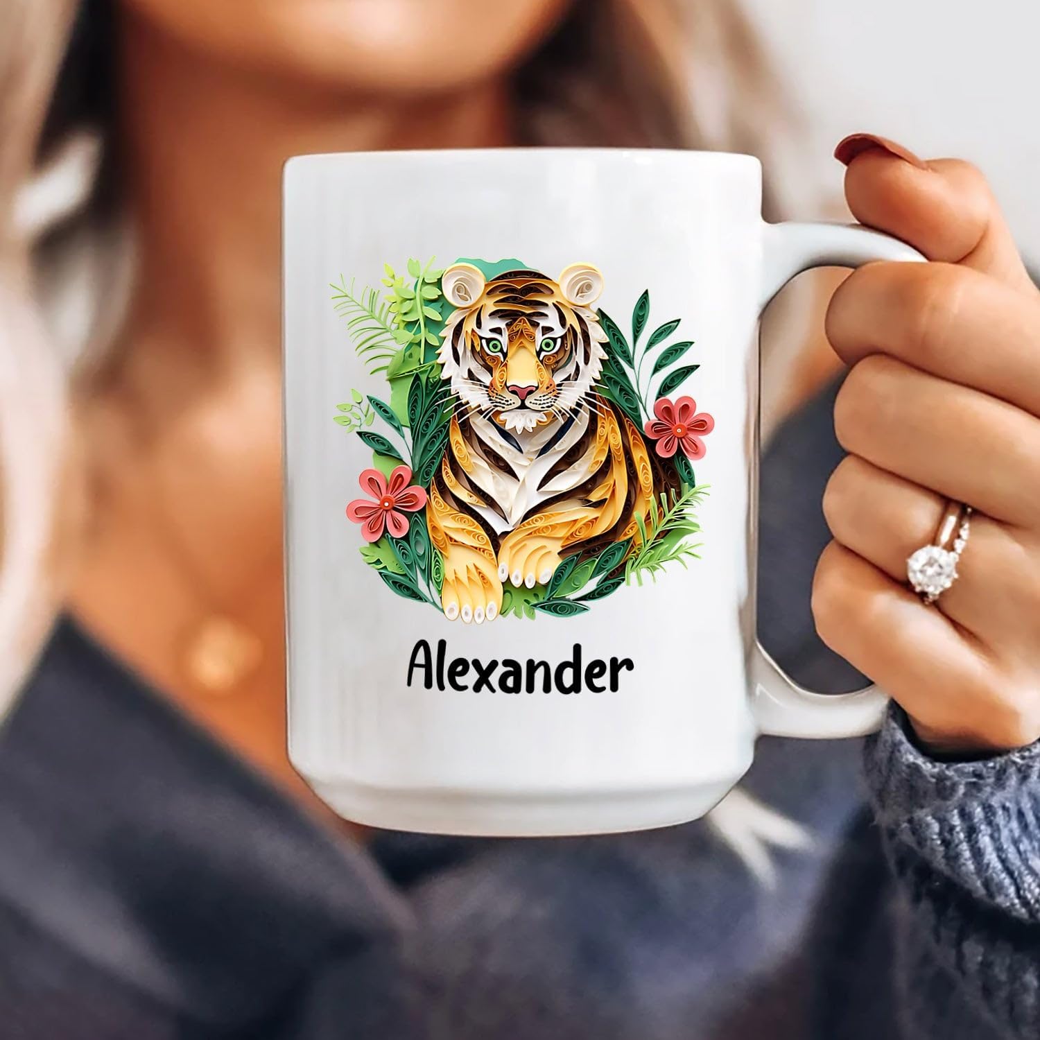 Taza de café personalizada con nombre de tigre, regalo para cumpleaños y Navidad, taza de café personalizada de tigre de animales de origami de 11