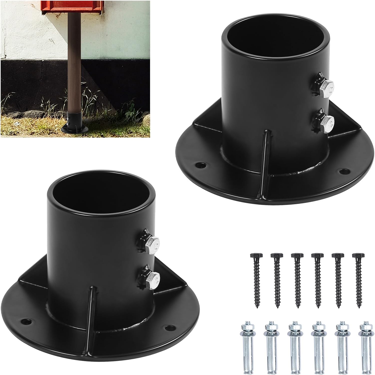 Cskunxia 2 postes redondos, soporte de base de cadena, brida de brida de cerca, poste sólido pesado, brida de piso para sujetar vallas, buzón,