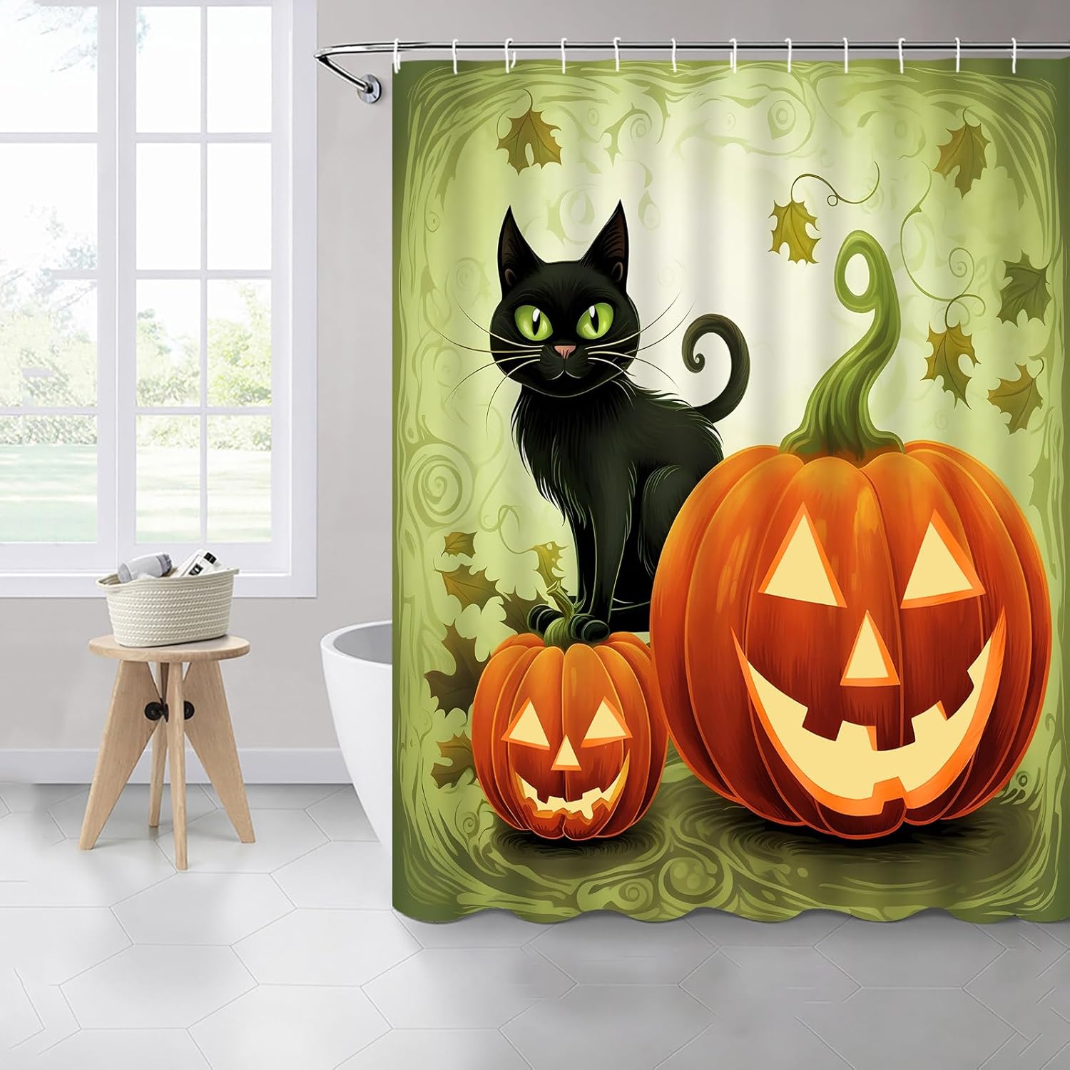 Cortinas de ducha de Halloween, diseño divertido de calabaza de dibujos animados naranja y gato negro, decoración de baño para niños, juego de