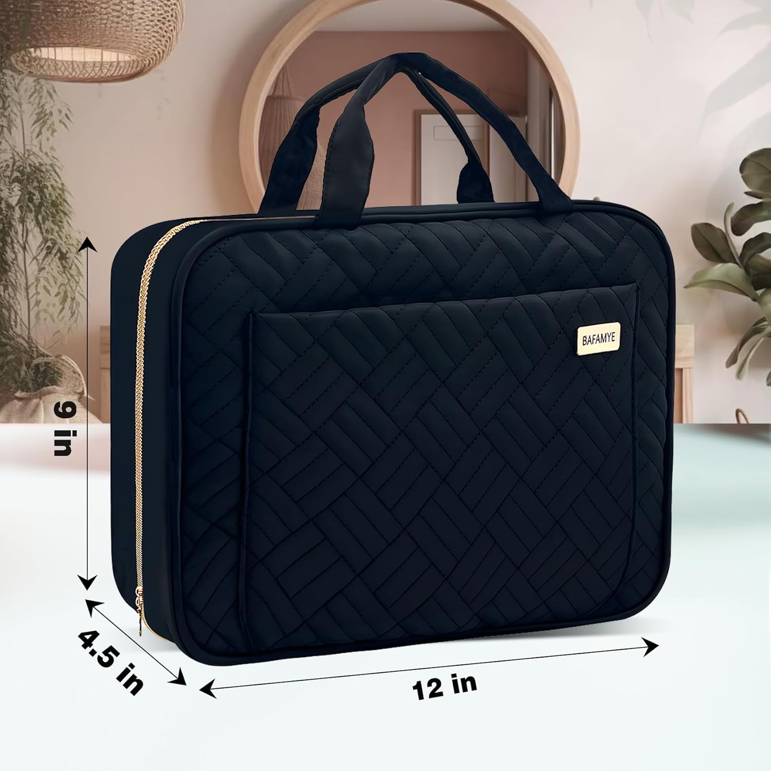 BAFAMYE Neceser de viaje para mujer, resistente al agua, bolsa de cosméticos para maquillaje, contenedor de tamaño completo con gancho para colgar