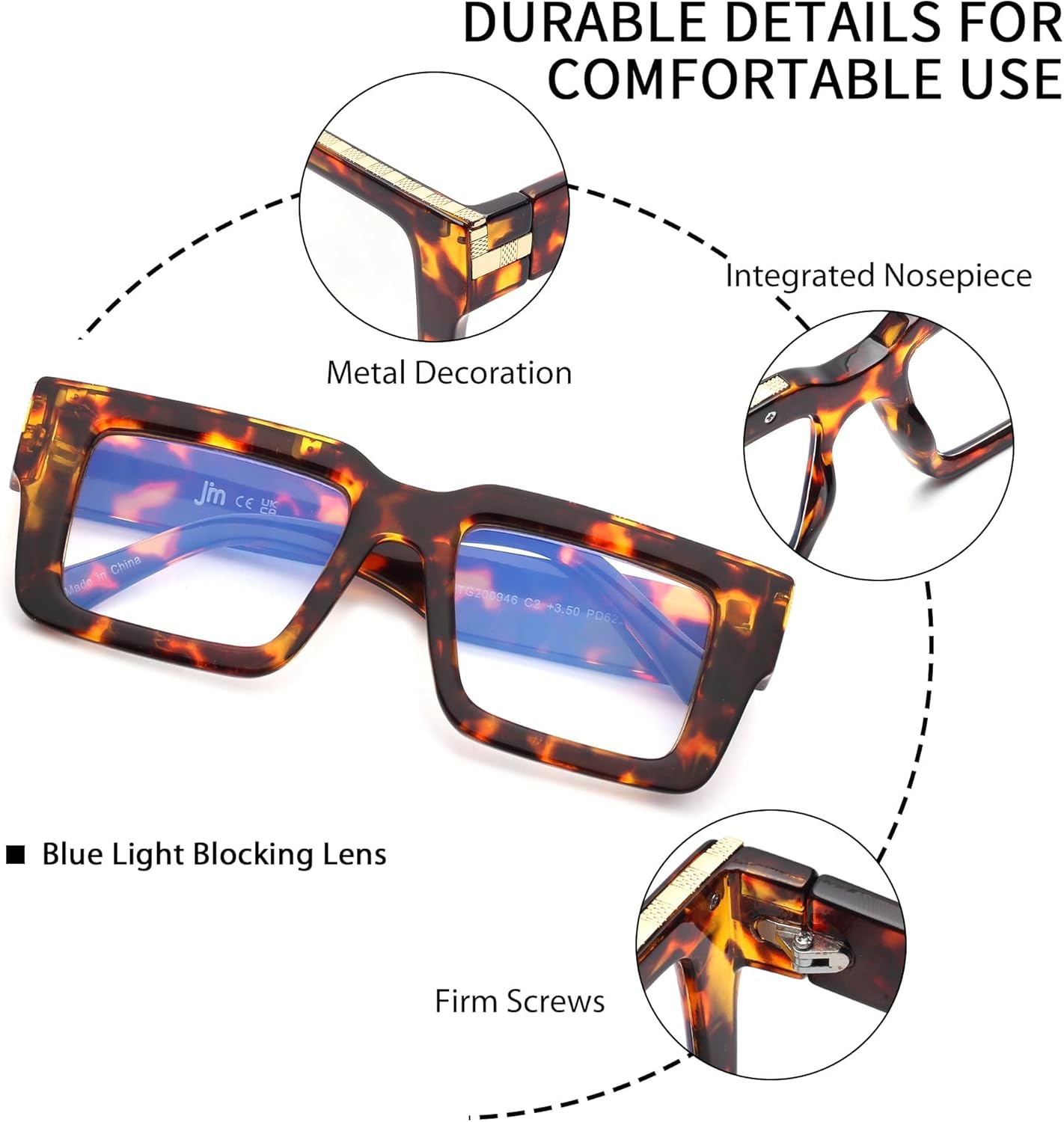 JM Paquete de 3 lentes de lectura estilo Oprah para mujeres y hombres, lectores cuadrados con bloqueo de luz azul