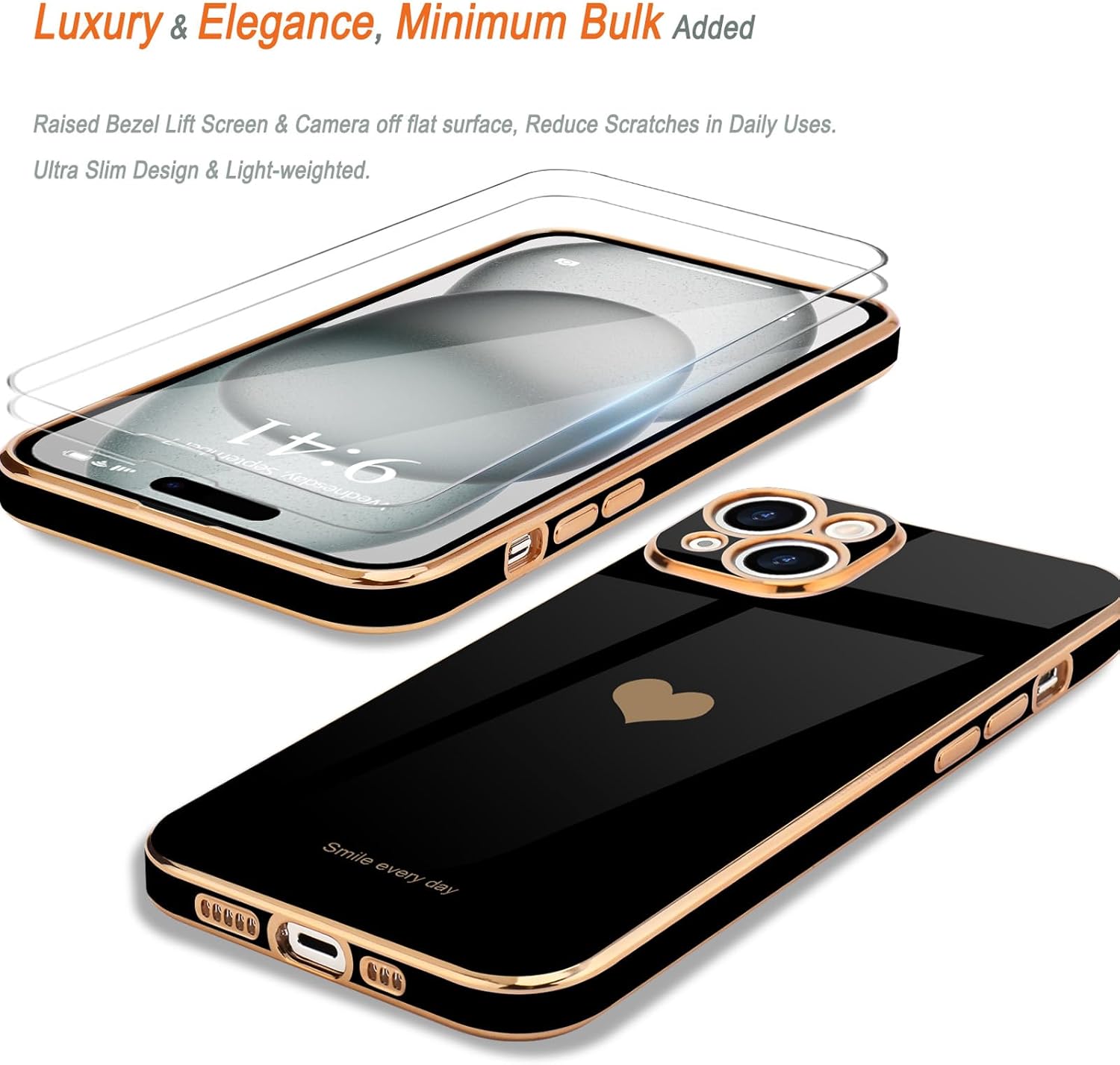 Teageo Funda para iPhone 15 con protector de pantalla 2 unidades para niñas y mujeres, lindo corazón femenino de amor, cubierta suave dorada,