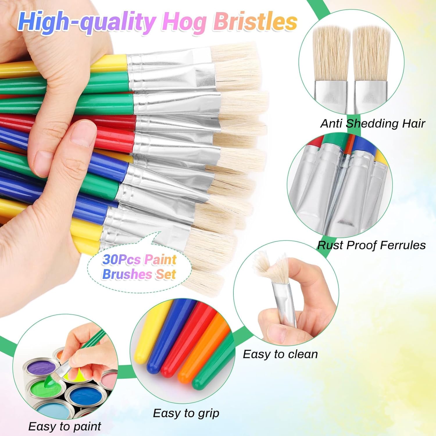 anezus – Juego de 30 pinceles de pintura con puntas planas, para niños pequeños, juego de pinceles de pintura para maestros de preescolar para