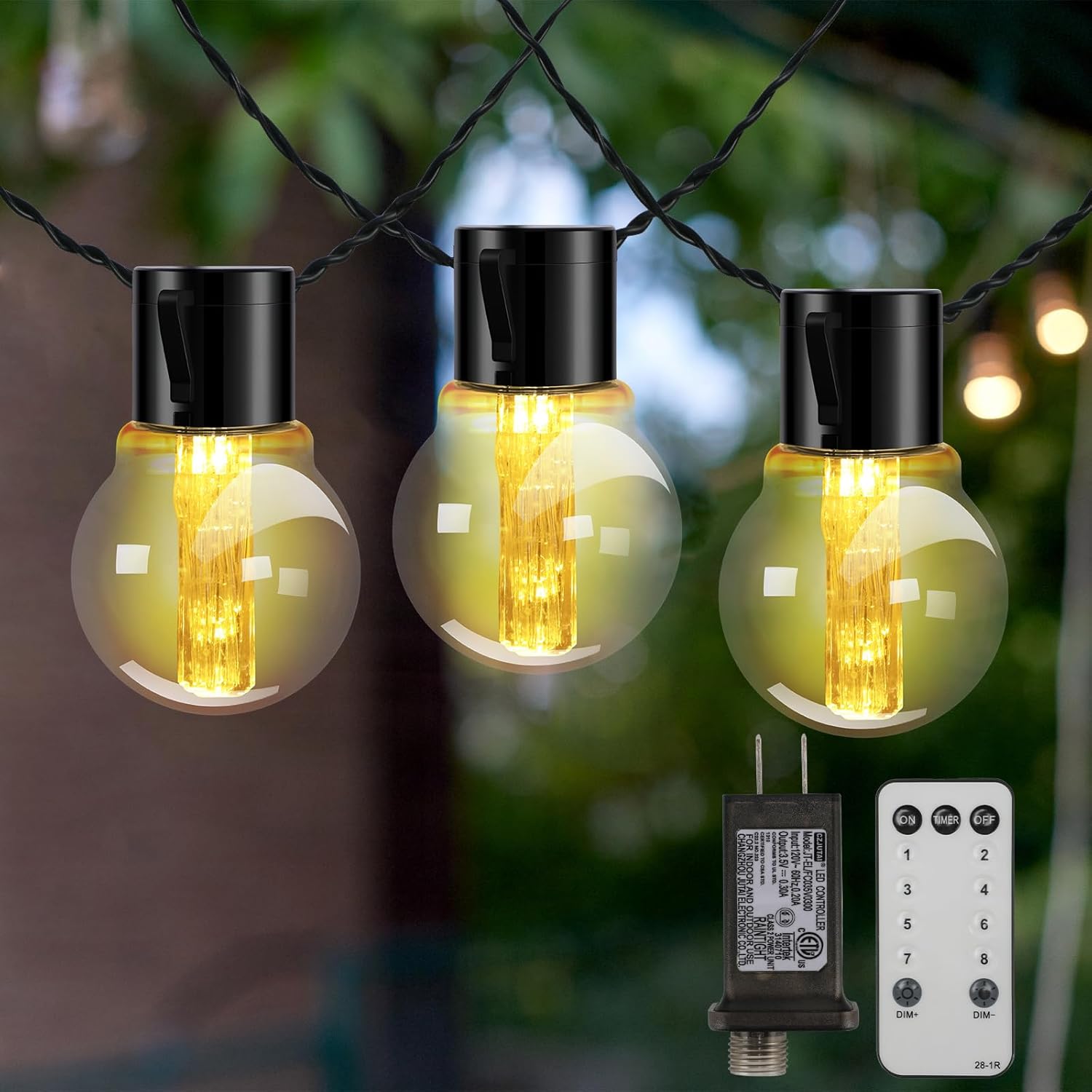 Tira de luces para exteriores, bajo voltaje enchufable de 3.5 V, tira de luces G50 Globe para patio de 43 pies, con 30 bombillas Edison