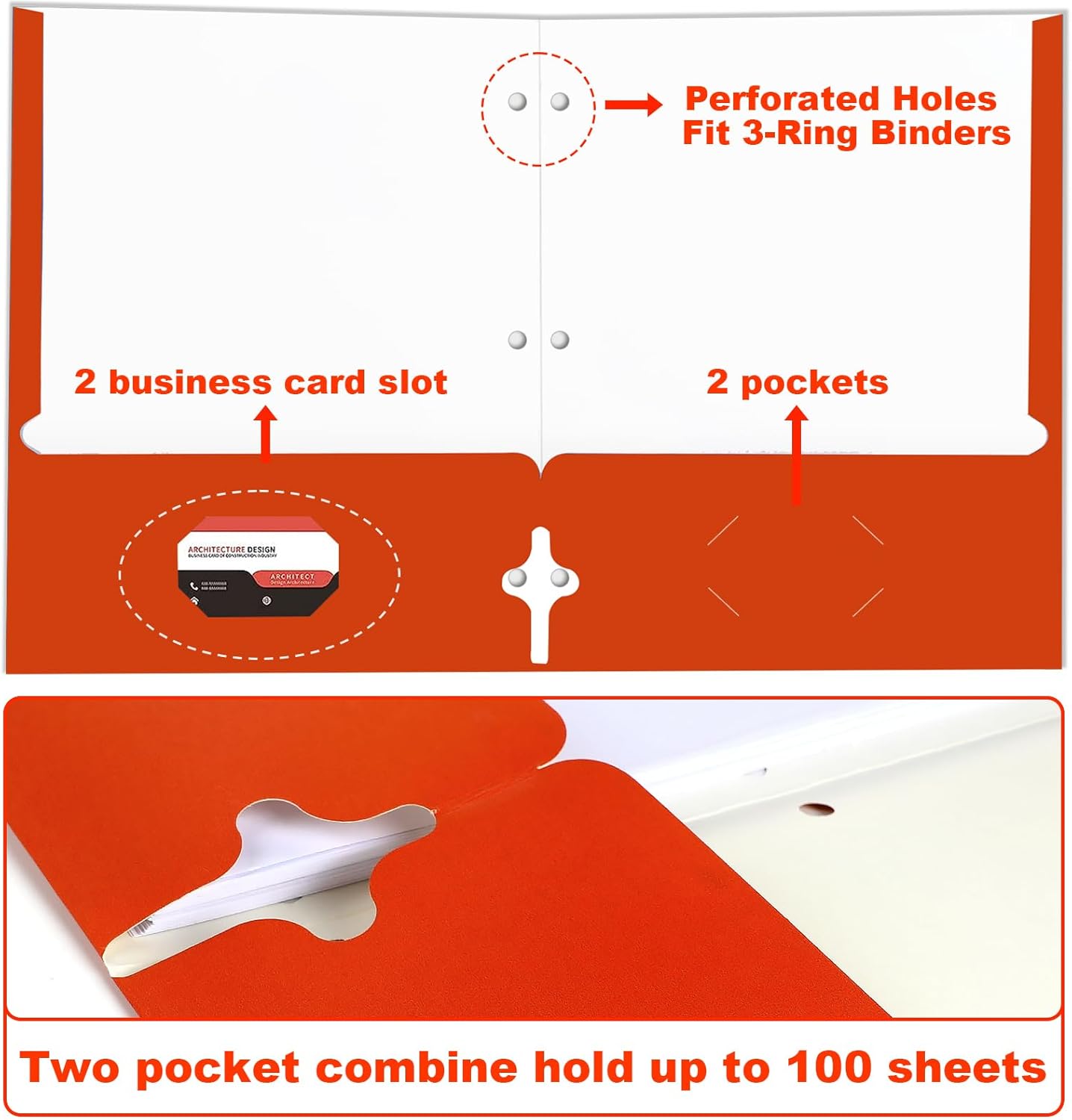 HERKKA – Carpetas portafolio de dos bolsillos, paquete de 125 carpetas de papel perforado de 3 agujeros tamaño carta con bolsillos, 2 carpetas de
