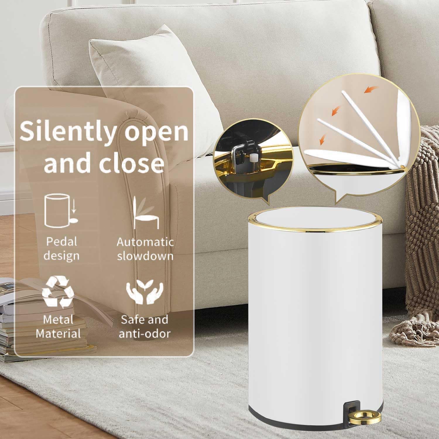 Cubo de basura redondo de metal con tapa y pedal, contenedor de basura de 2 galones con papelera interior extraíble para baño, dormitorio, cocina,