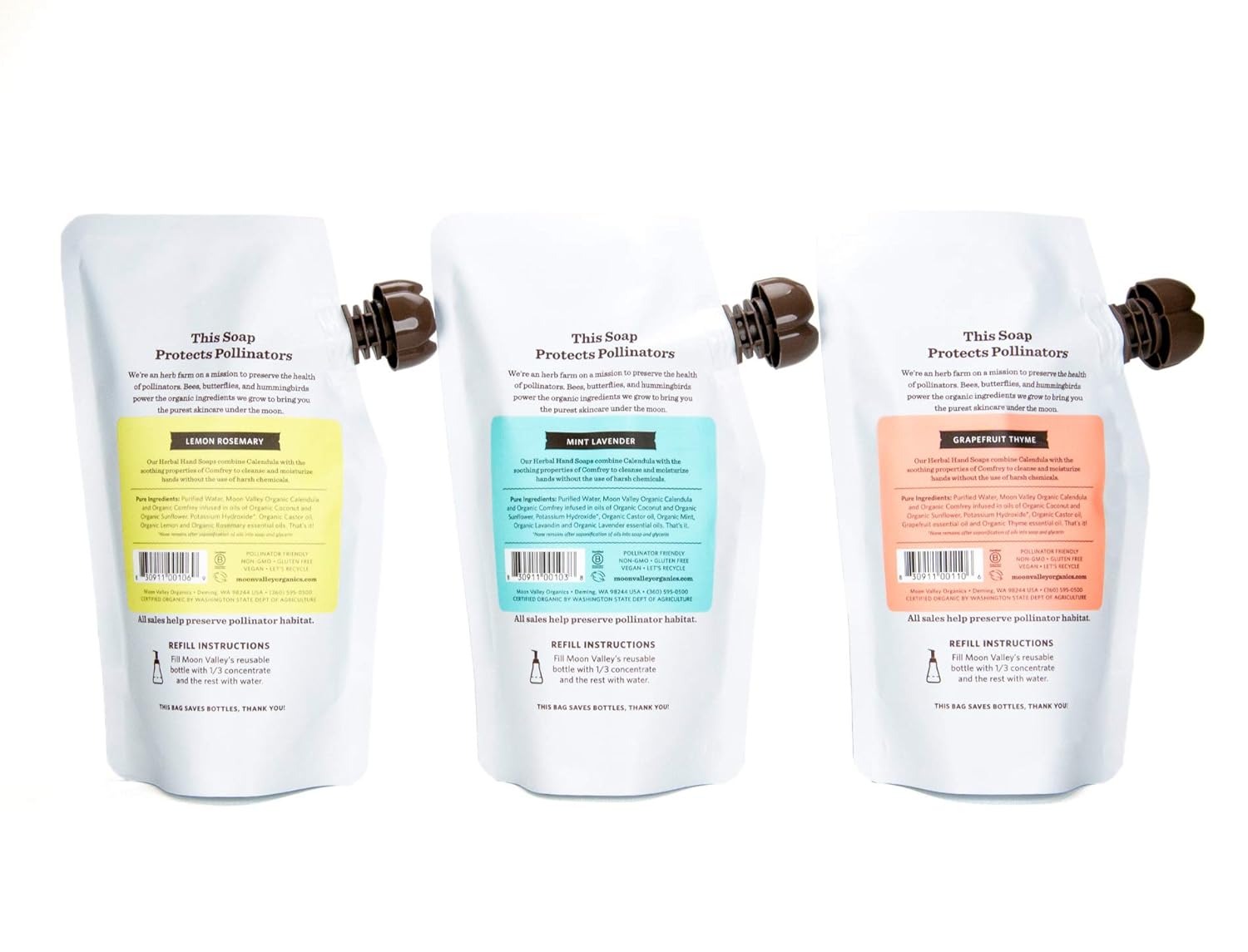 Moon Valley – Bolsa de repuesto para jabón de manos espumoso, paquete de tres unidades, limón y romero, menta lavanda, jabón de pomelo, vegano y sin