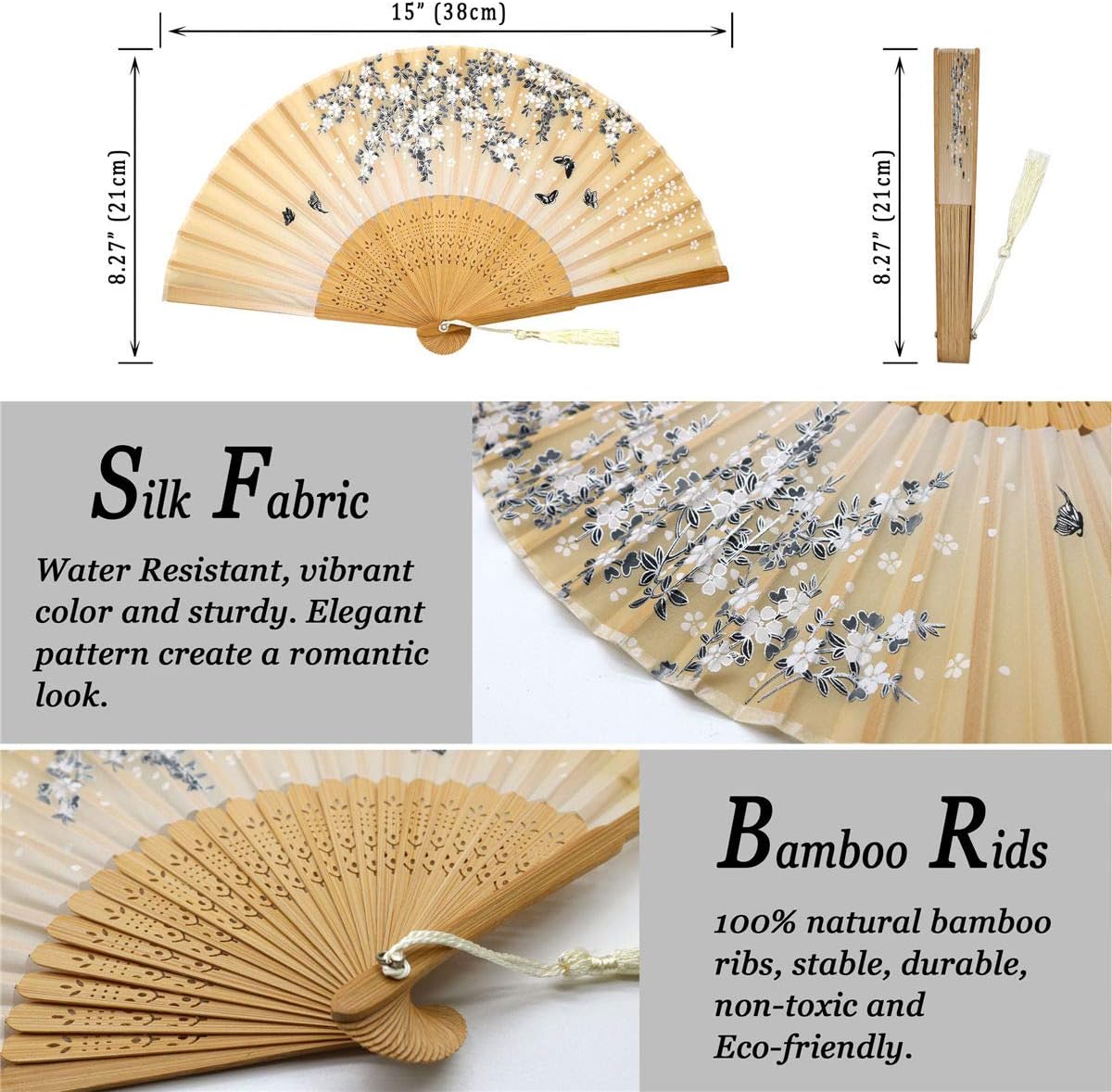 Zolee Abanicos de mano plegables pequeños, abanicos chinos japoneses de seda de bambú vintage, para baile, actuación, decoración, boda, fiesta,