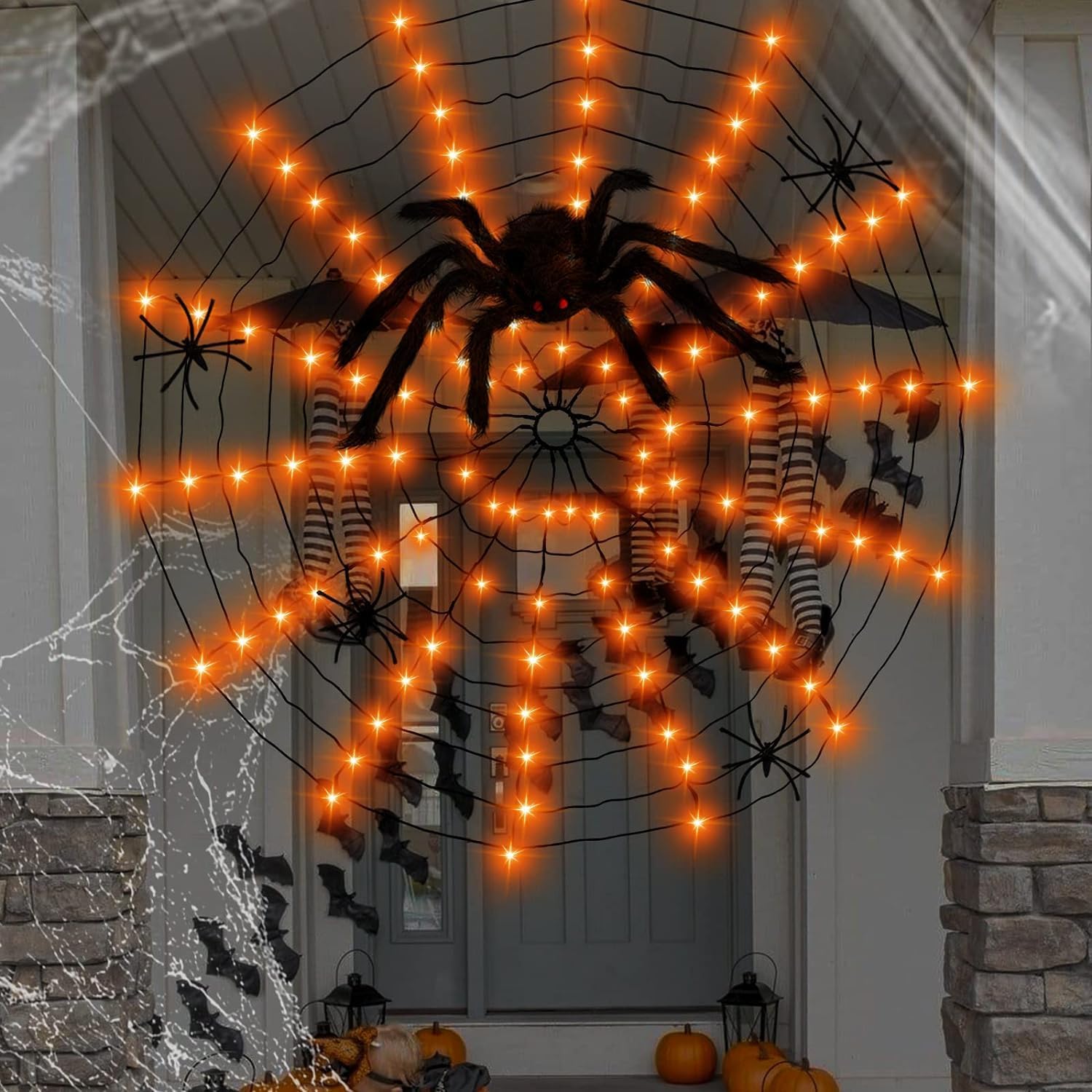 Anycosy Decoración de luces de Halloween, 140 luces LED de telaraña con 5 arañas negras, luces de Halloween al aire libre, 8 modos para decoración
