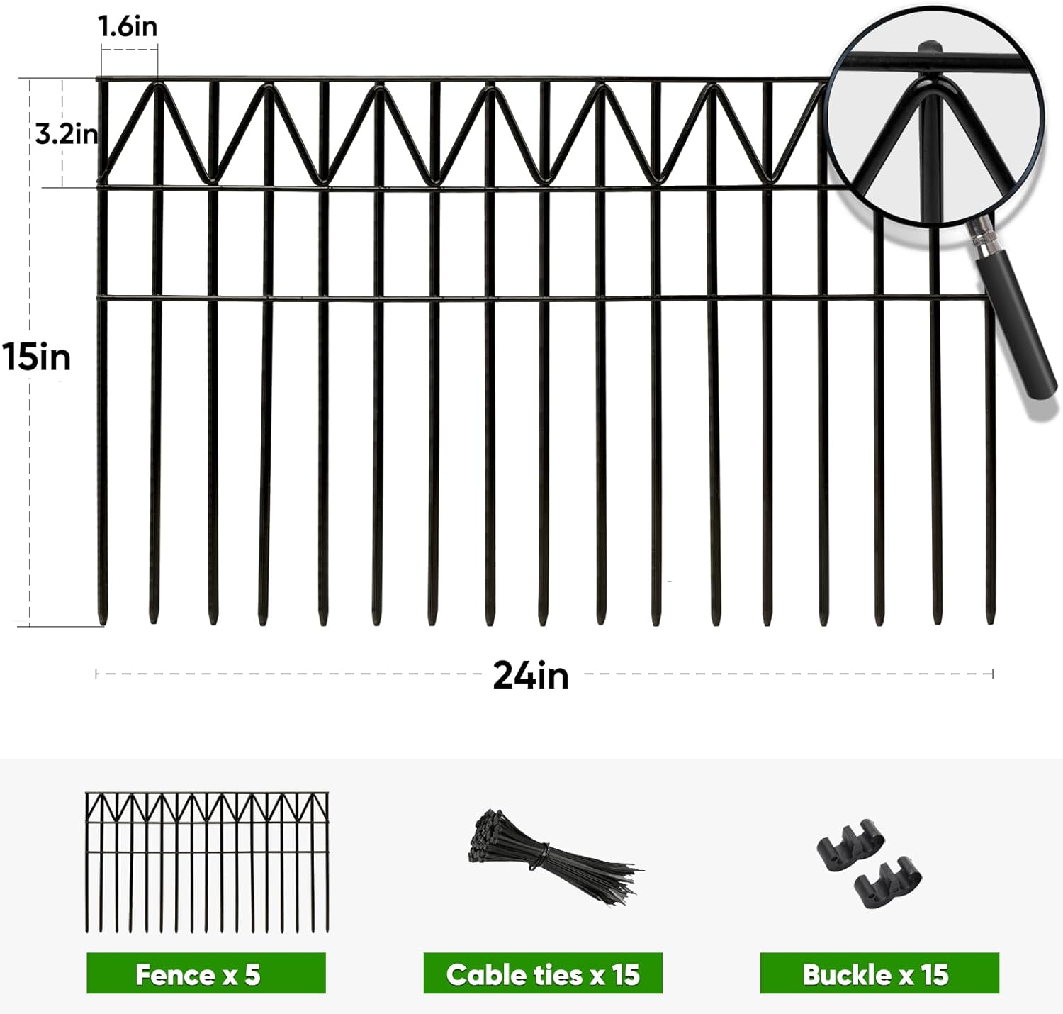 Valla de barrera de animales sin excavación, 5 unidades de valla de jardín de metal inoxidable negro para exteriores, valla de jardín decorativa