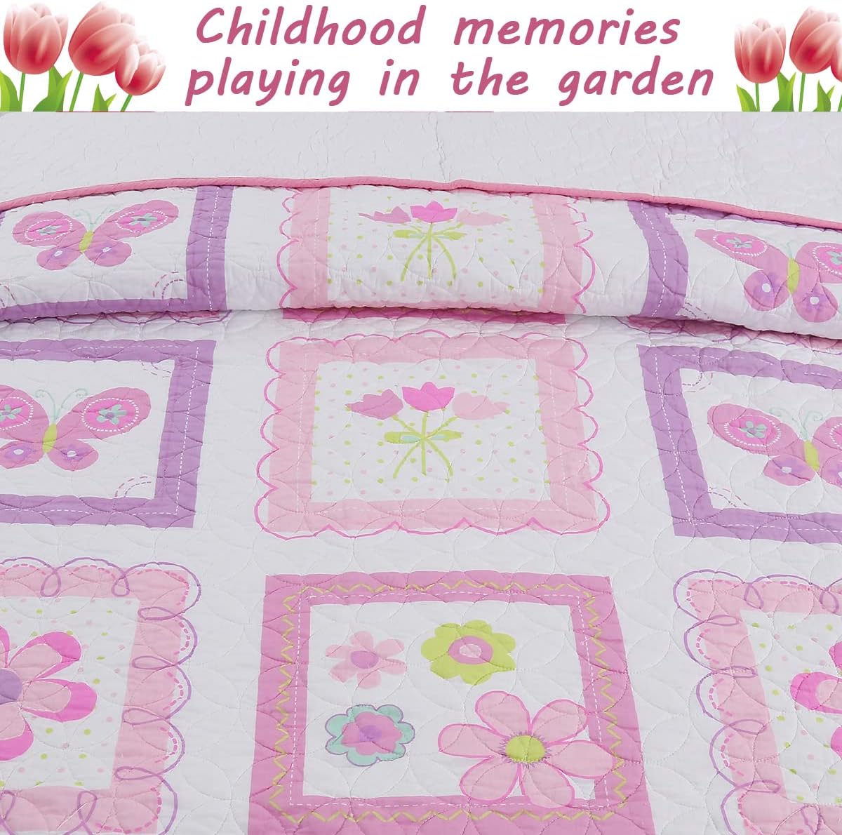 Cozy Line Home Fashions – Juego de ropa de cama con diseño de tulipán, mariposa, flores rosas, reversible, 100 % de algodón