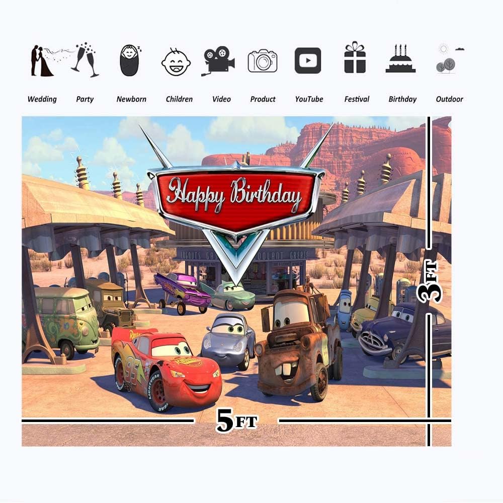 Telón de fondo de vinilo para el primer cumpleaños del auto McQueen para niños, cartel de vinilo para decoración de fiestas infantiles (5 x 3 pies)