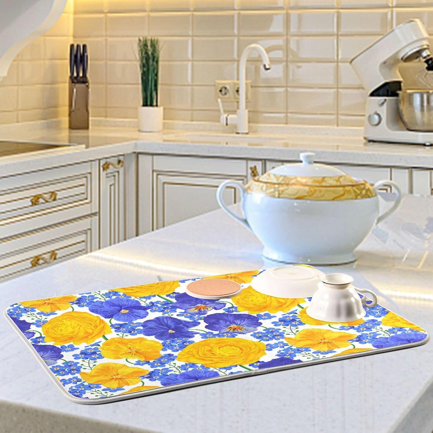 Botanical Realistic Flowers Dish Mat Washnable Absorbent Drying Mat For Kitchen Counter Dish Drainer Cloth Tapete Para Cocina 16” x 18”