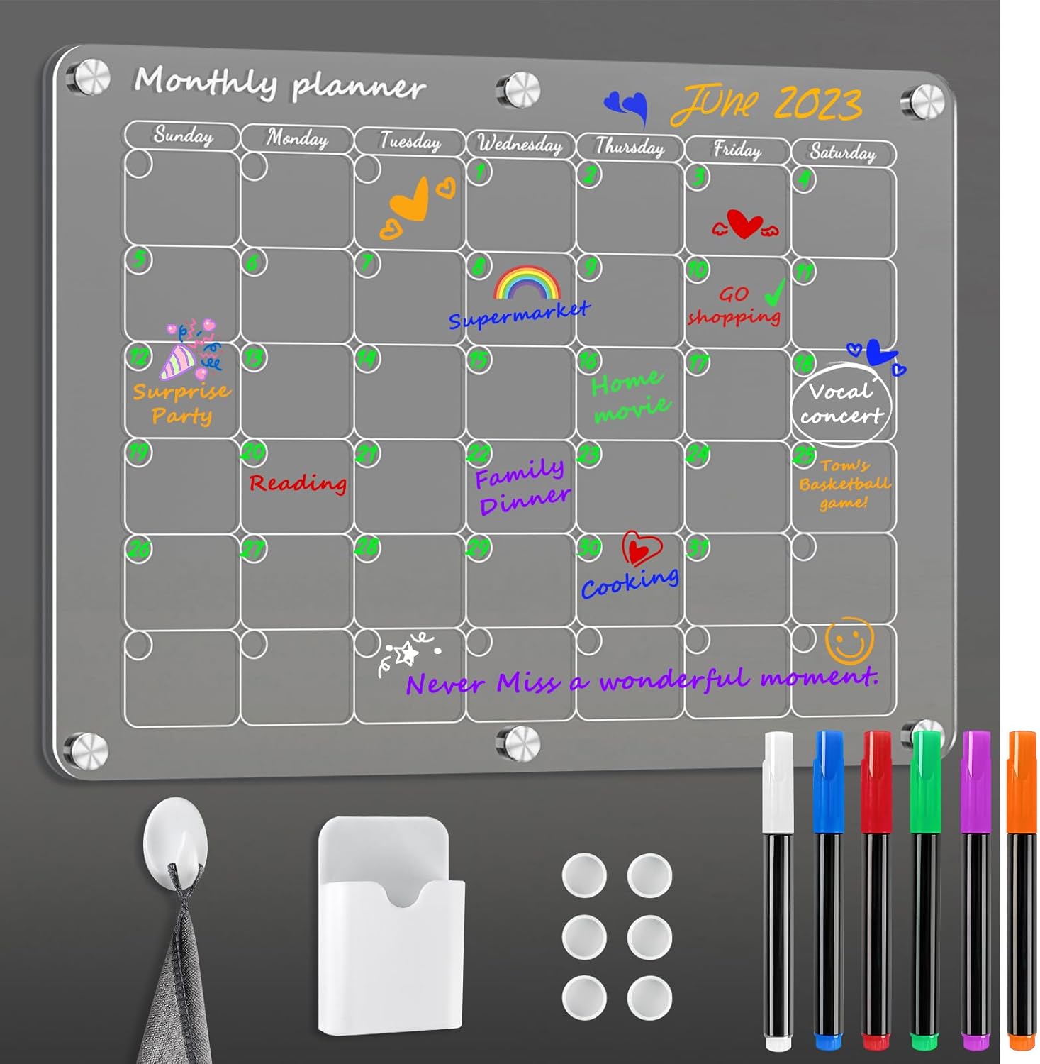 Calendario magnético acrílico para refrigerador de 16 x 12 pulgadas, calendario mensual transparente, pizarra magnética de borrado en seco para