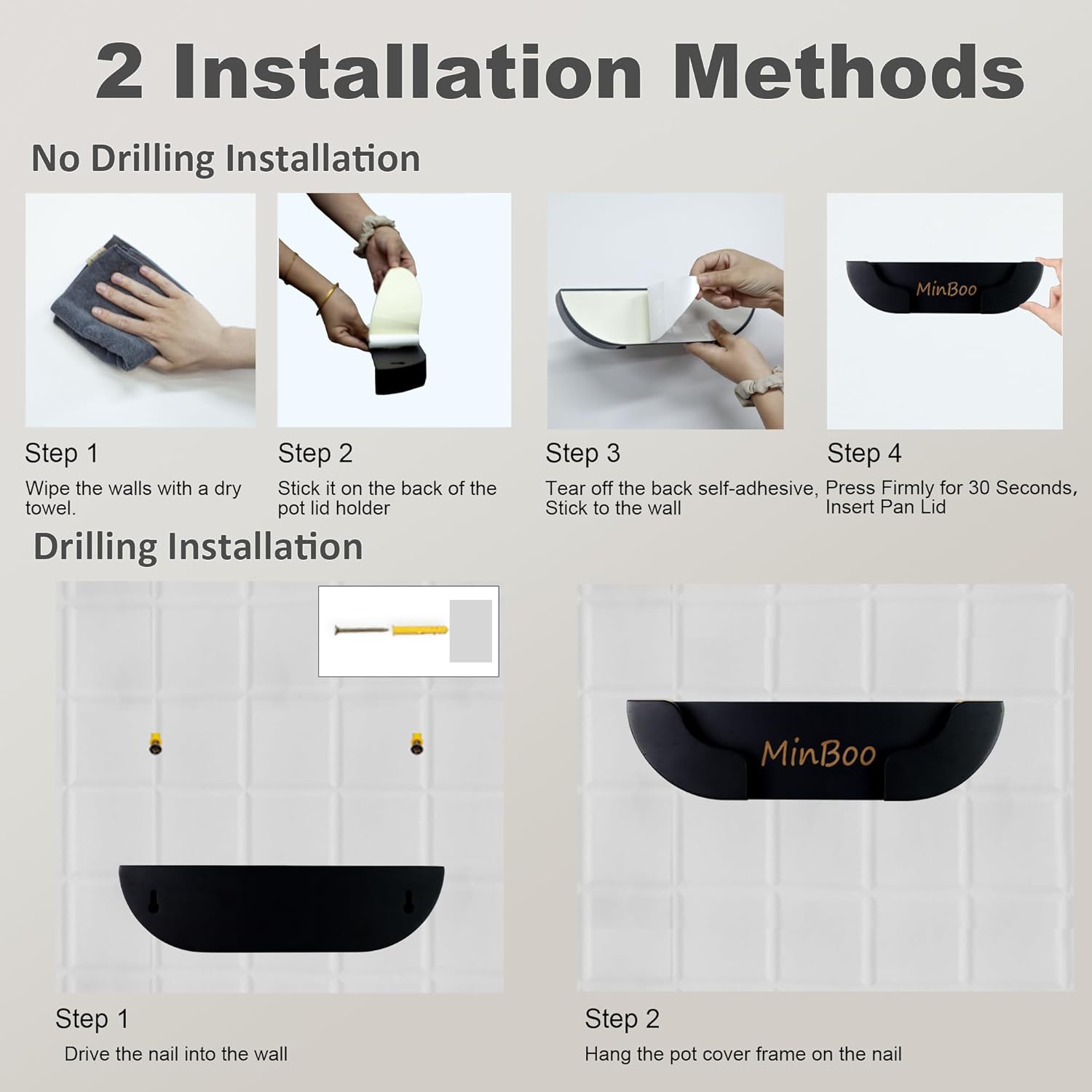 MinBoo Organizador de tapa de olla de bambú para puerta de armario para pared de cocina, juego de 2 soportes para tapas de ollas y sartenes en el