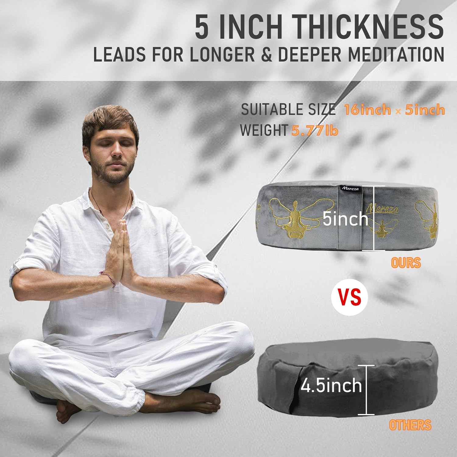 MEREZA Cojín de meditación, almohadas de yoga de 5 pulgadas de grosor para sentarse en el suelo con alforfón para yoga, funda de terciopelo lavable
