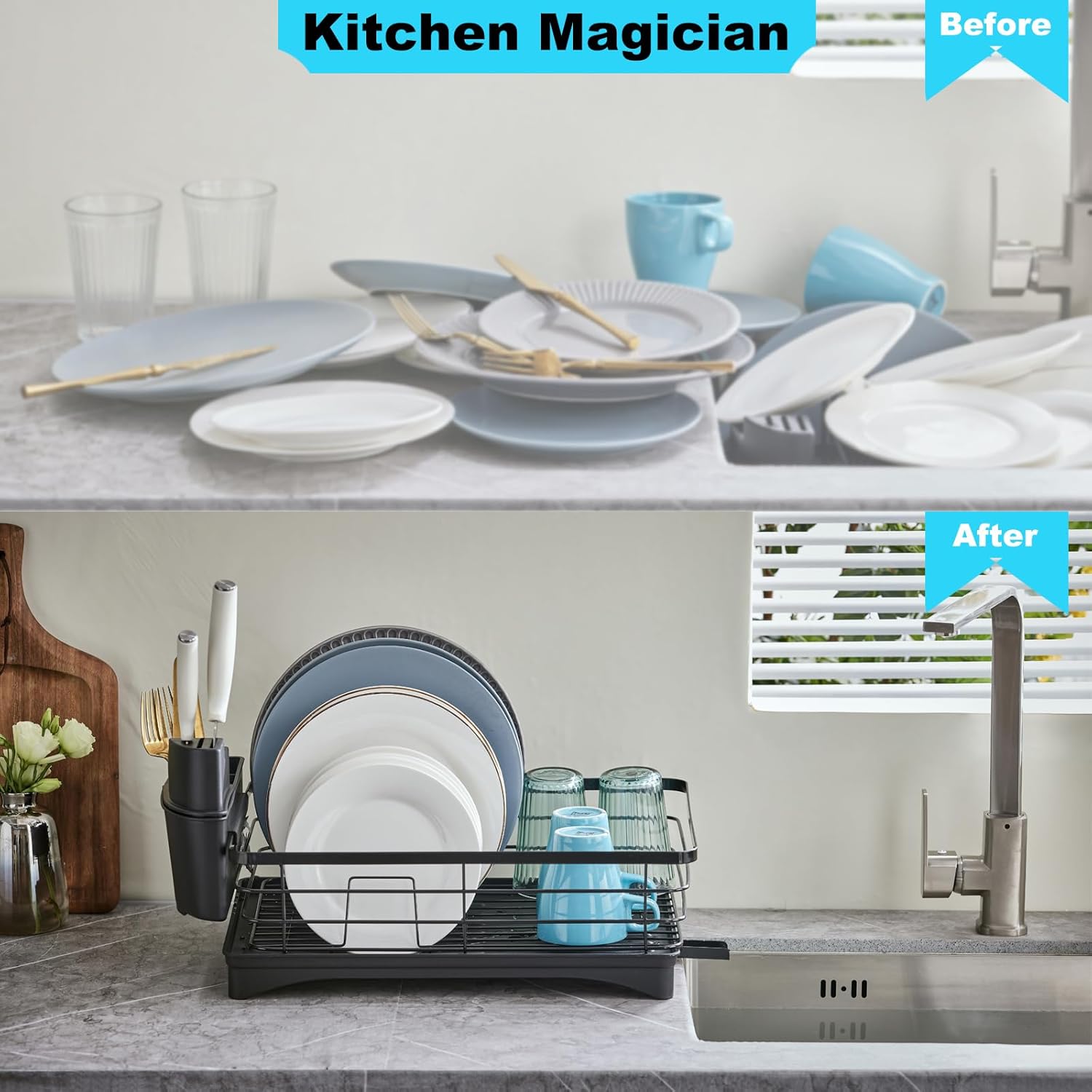 Estante de secado de vajilla de acero inoxidable y escurridor de platos para encimera de cocina, ahorro de espacio, estante de vajilla desmontable