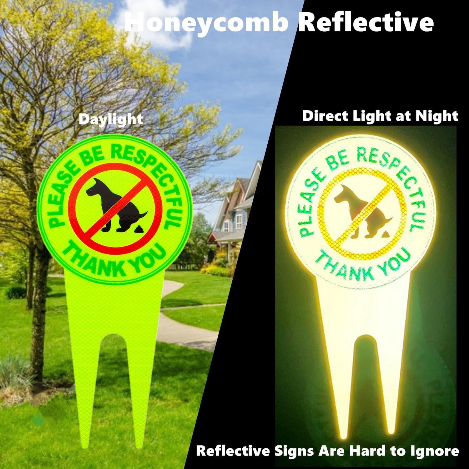 Letrero reflectante de doble cara con estaca para perro sin caca de abeja, de 14.6 x 7.3 pulgadas, letrero con texto en inglés Please Be Respectful