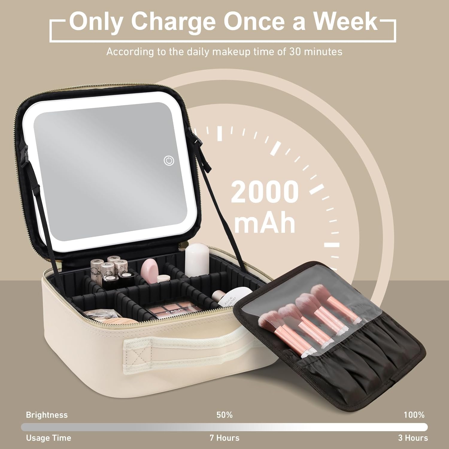 Bolsa de maquillaje con espejo de luz LED, estuche de viaje para maquillaje, organizador de bolsas de cosméticos con divisores ajustables, estuche