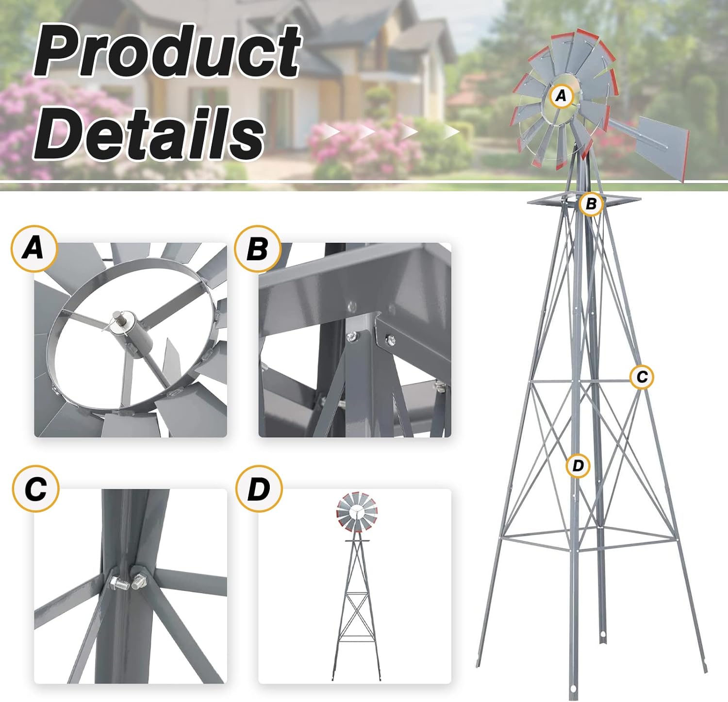 Molino de viento ornamental de 8 pies, decoración de jardín, veleta meteorológica, molino de viento de metal resistente a la intemperie, diseño de 4