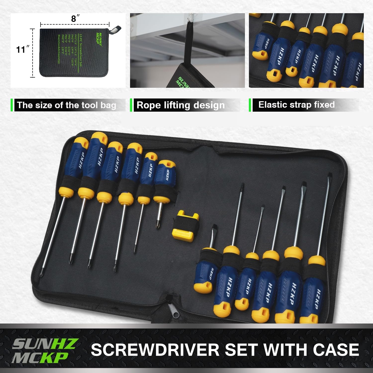 SUNHZMCKP – Juego de destornilladores magnéticos de 13 piezas, 5 Phillips y 5 ranurados y 2 puntas Torx, tiene magnetizador profesional de agarre