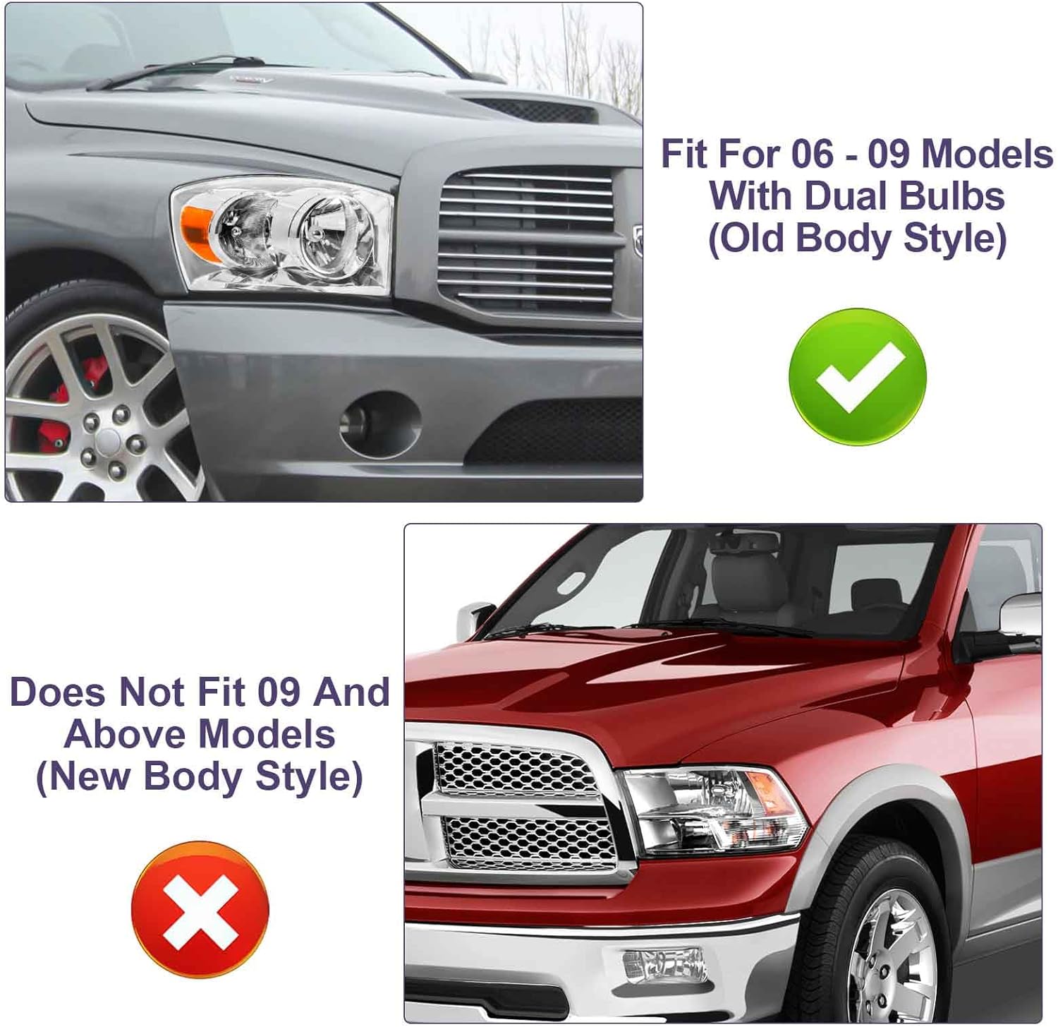 Conjunto de faros delanteros compatible con Dodge Ram 1500 06, 07 08, 2006, 2007, 2008, 2009, Ram 25003500, lado del conductor y del pasajero