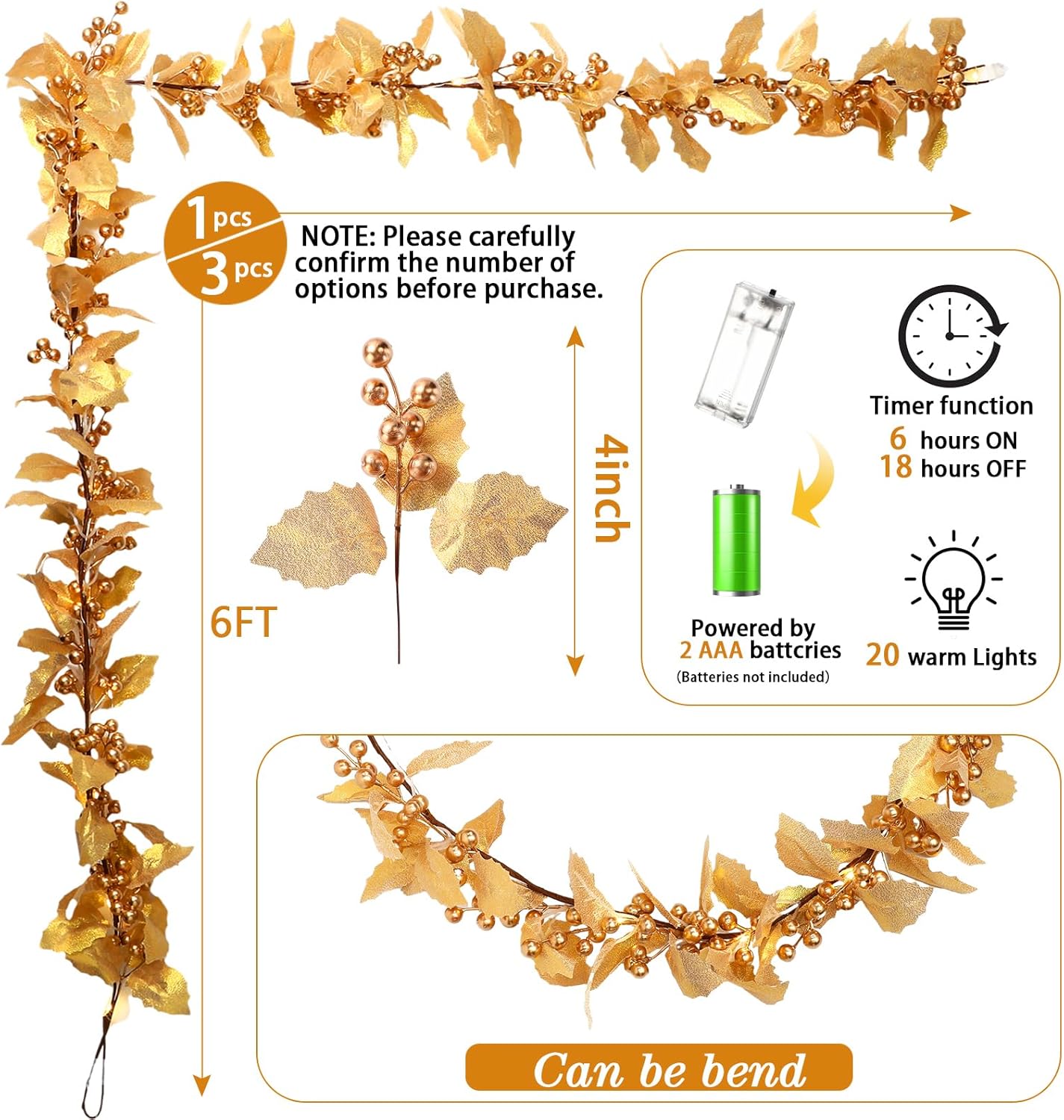 Syhood Guirnalda de bayas de Navidad de 6 pies, guirnalda de hojas de acebo iluminada para interiores, guirnalda artificial de otoño, decoración de