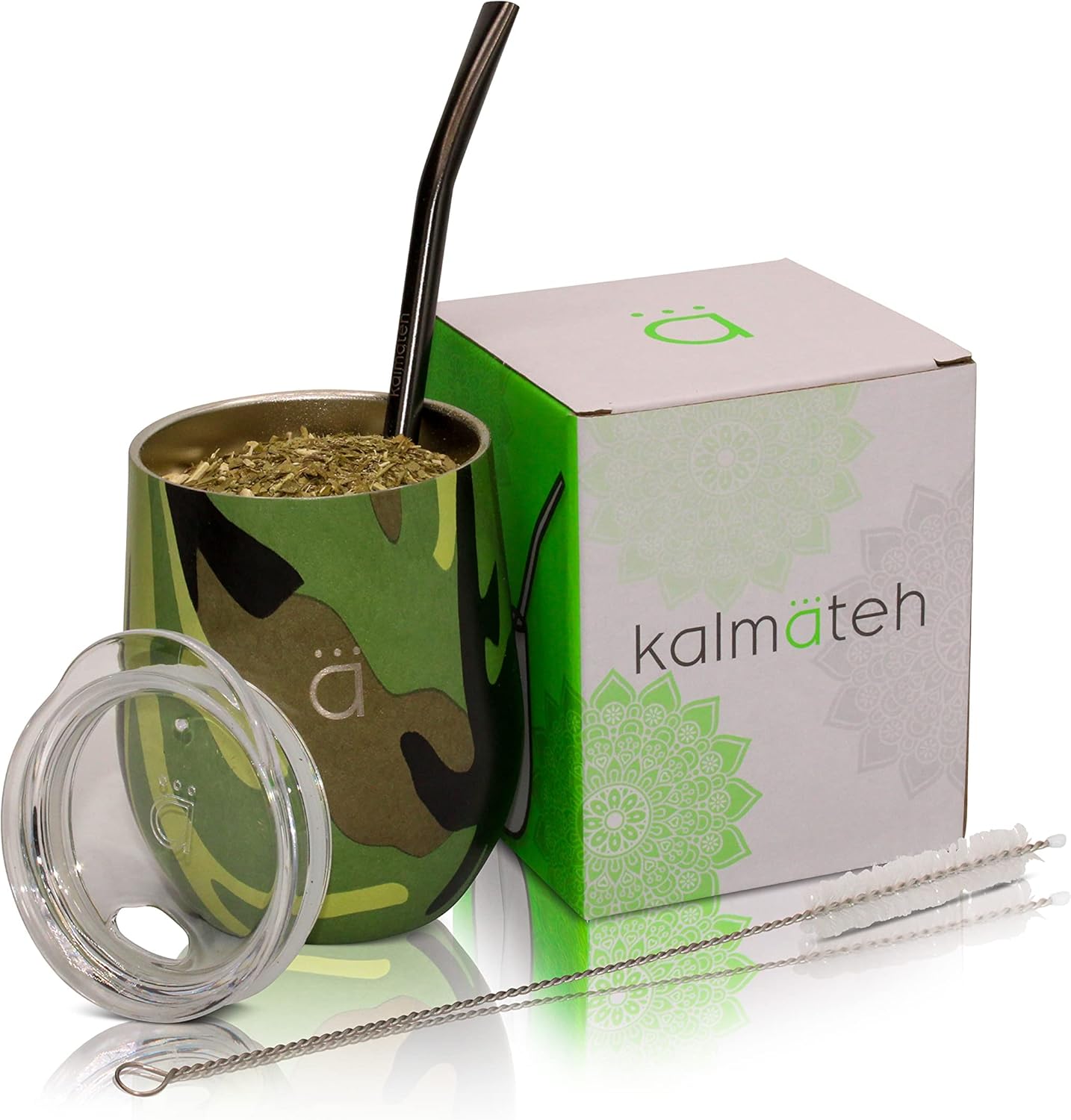 Kalmateh Yerba Mate Gourd – Acero inoxidable de doble pared con tapa sin BPA, filtro de bombilla y limpiador de bombilla, verde camuflaje, 8 onzas