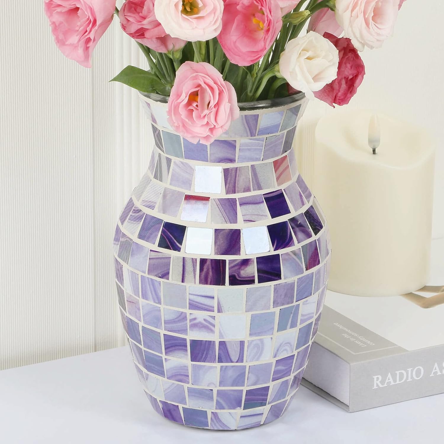 Florero morado para flores, jarrones de vidrio de mosaico lavanda para flores secas, jarrones modernos hechos a mano para decoración del hogar,