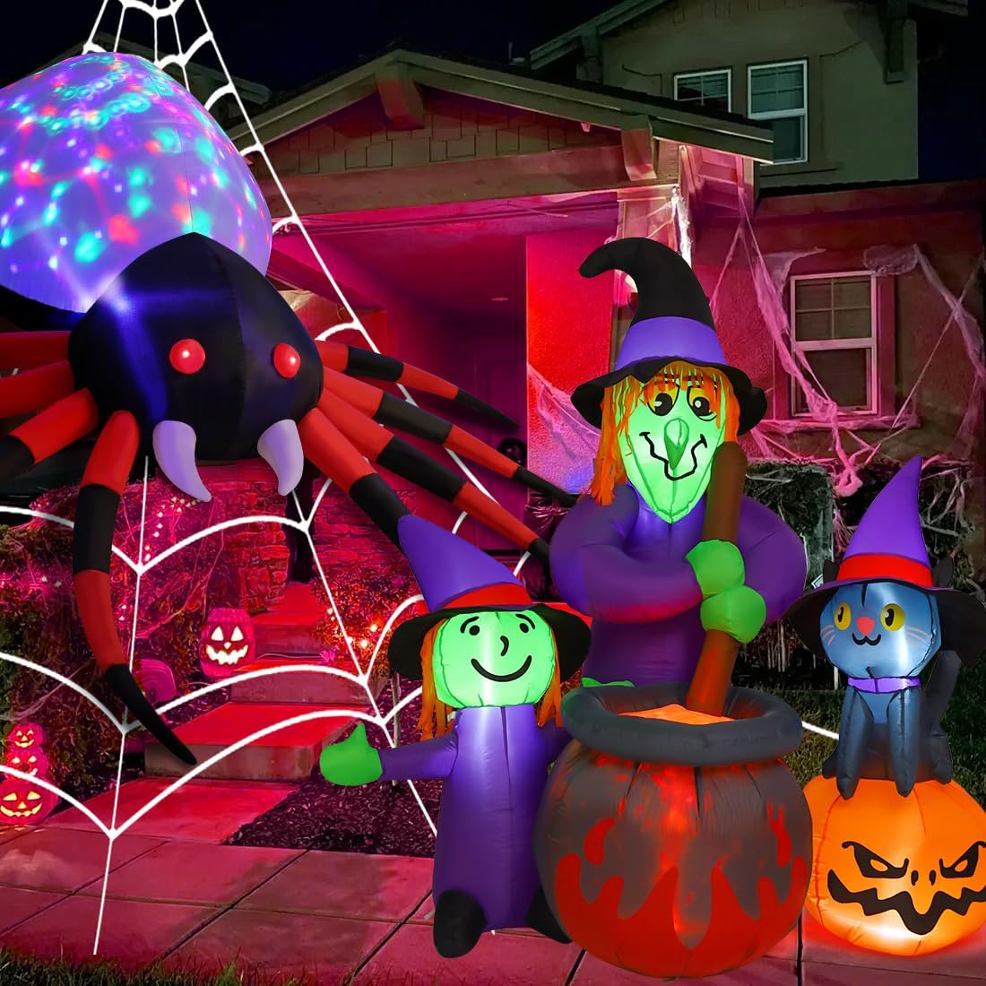 GOOSH Paquete inflable de araña de Halloween de 8.5 pies y bruja inflable de 6 pies
