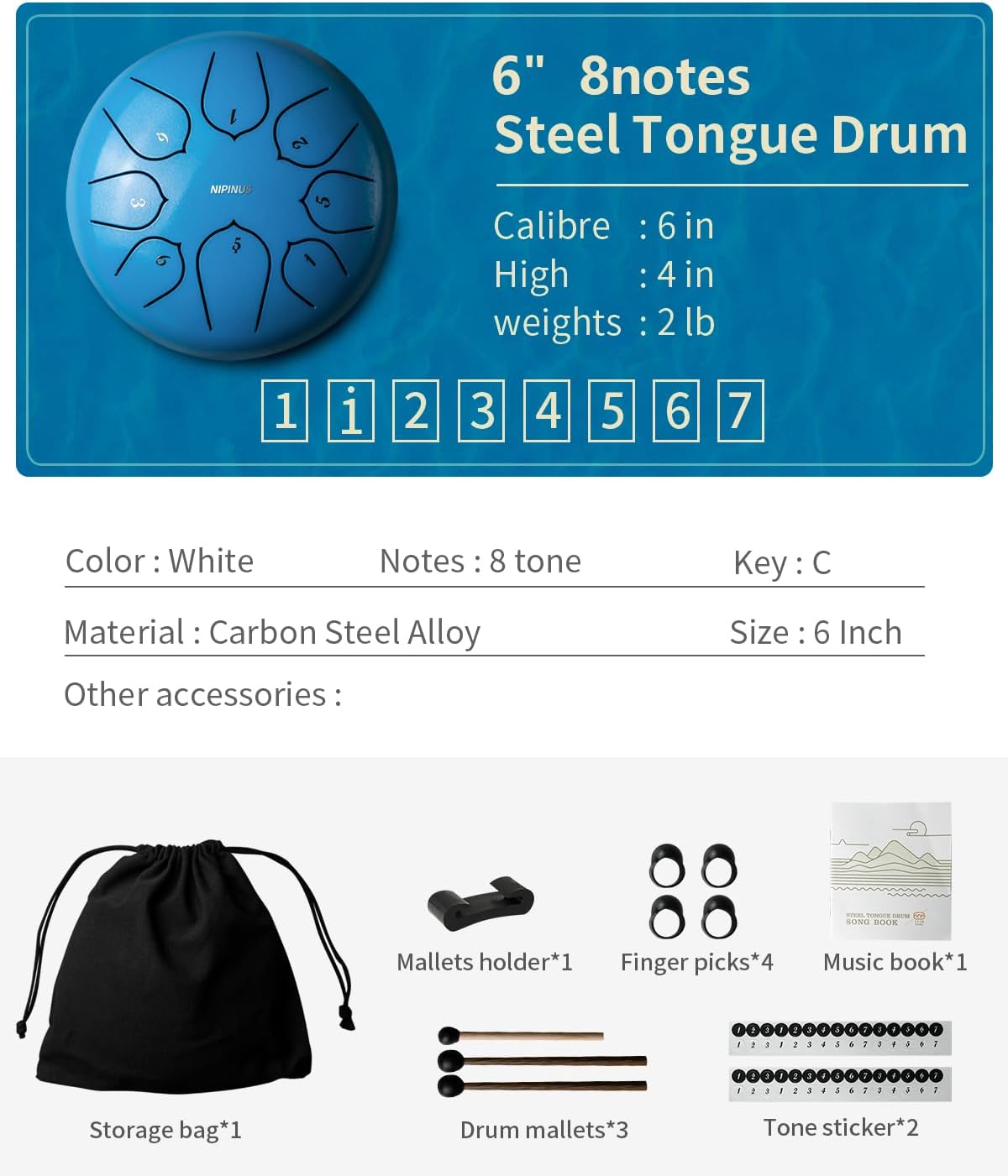 Tambor de lengua de acero de 6 pulgadas, 8 notas, tambor de mano de acero, percusión para meditación, yoga, educación musical, el mejor regalo para