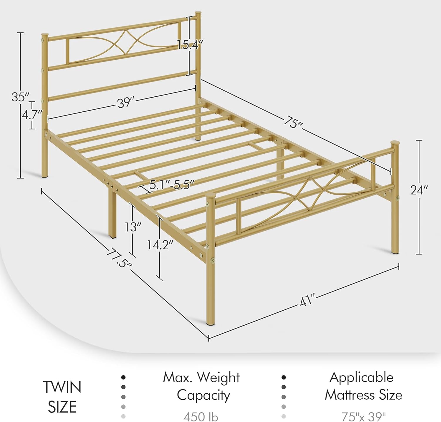 Yaheetech Base de cama de metal individual, base de cama con plataforma, base de colchón con cabecera y estribo de diseño curvo, soporte resistente,