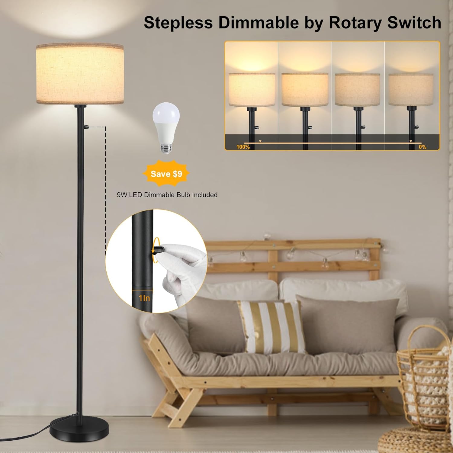 Lámparas de pie para sala de estar, lámpara de pie regulable continua, lámpara de pie moderna con interruptor giratorio, pantalla de lino beige,