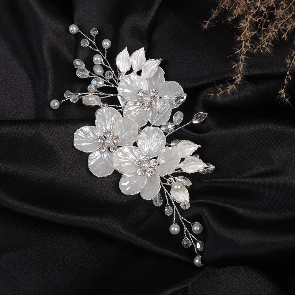 Jumwrit Pinza para el pelo nupcial con diamantes de imitación, pinza de pelo de flor blanca para novias, damas de honor, tocado de perlas hechas a