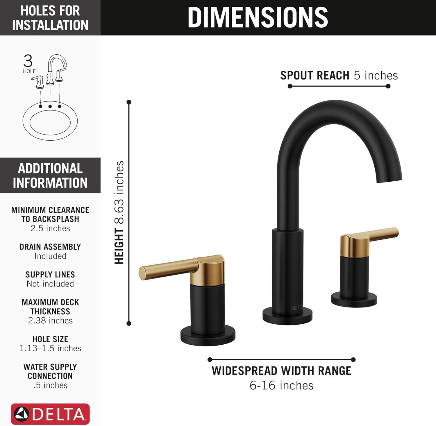 Delta Faucet Nicoli – Grifo de baño generalizado de 3 agujeros, grifo de baño negrodorado, grifo de lavabo de baño, montaje de drenaje, negro