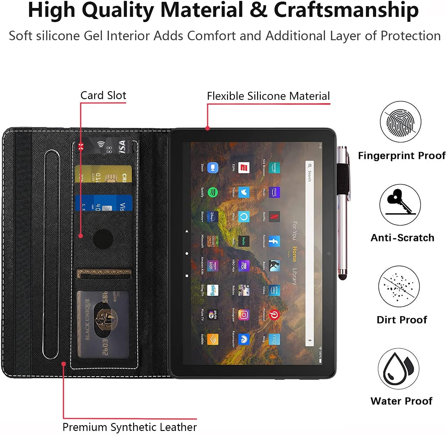 Funda para tablet Tienda Fire HD 10 y Fire HD 10 Plus (11 generación, versión 2021)  Funda de piel sintética de alta calidad con encendido