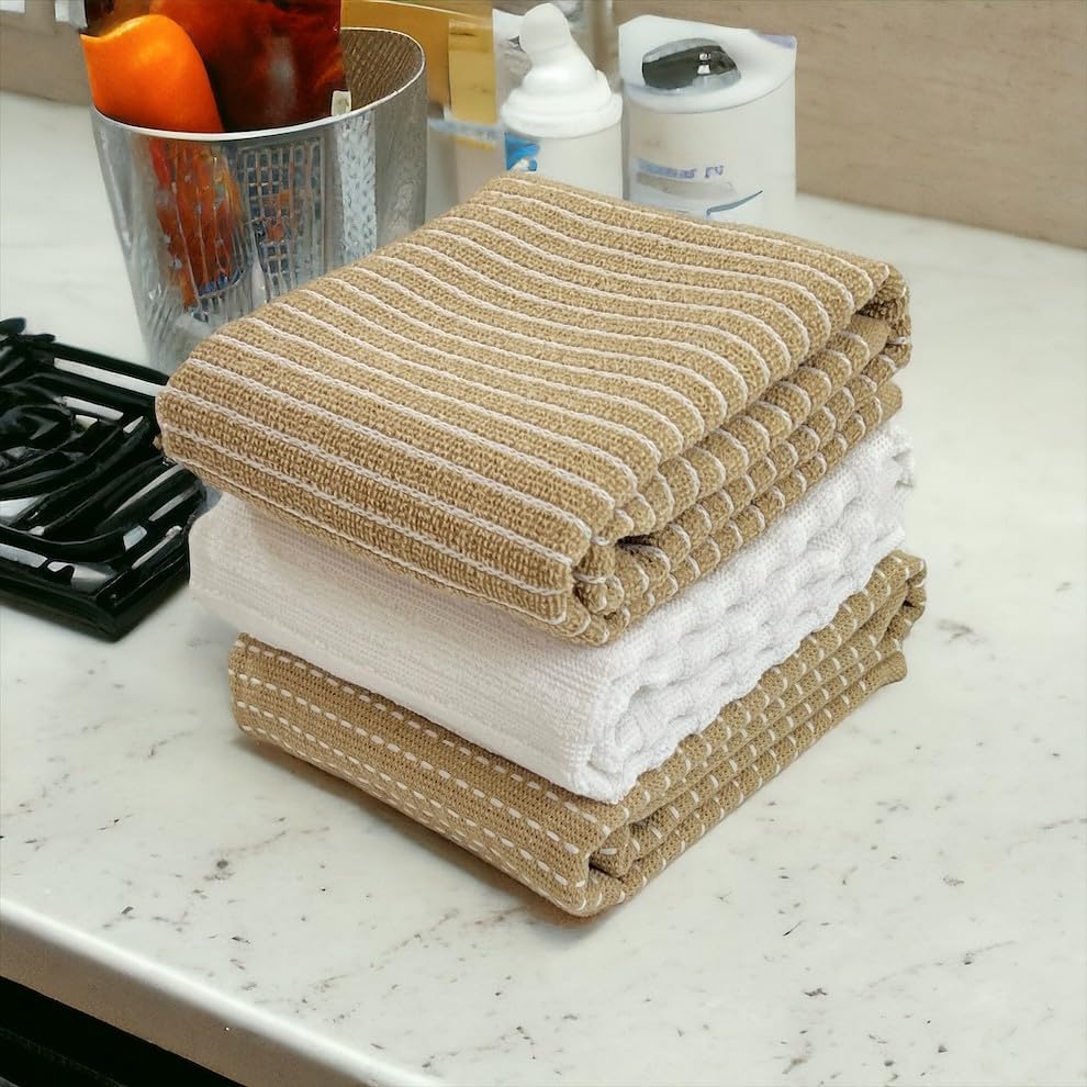 Toallas de cocina blancas de gran tamaño 100% algodón, suave, absorbente, surtido de rizo acanalado, juego de 4 multiusos para uso diario (beige