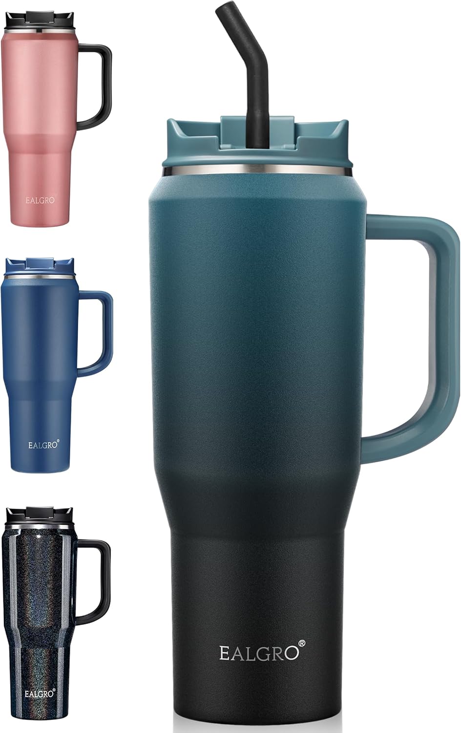 EALGRO Botella de agua aislada de 40 onzas con popote y asa, frasco de agua deportivo de metal grande, taza de café de viaje de acero inoxidable,