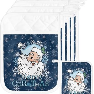 Juego de 4 agarraderas de tela de toalla de Papá Noel azul marino para cocina, antideslizantes y aislantes de calor, con bolsillo, guantes gruesos Juego de 4 agarraderas de tela de toalla de Papá Noel azul marino para cocina, antideslizantes y aislantes de calor, con bolsillo, guantes gruesos