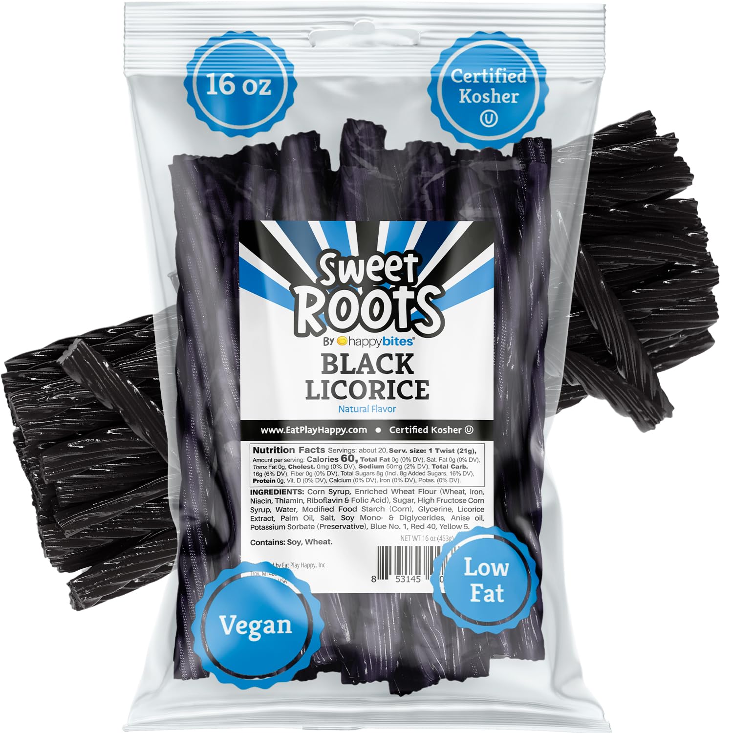 Sweet Roots by Happy Bites Black Regaliz Twists (16 onzas) – Tamaño JUMBO – Certificado Kosher – Vegano – Gourmet – Bajo en grasa